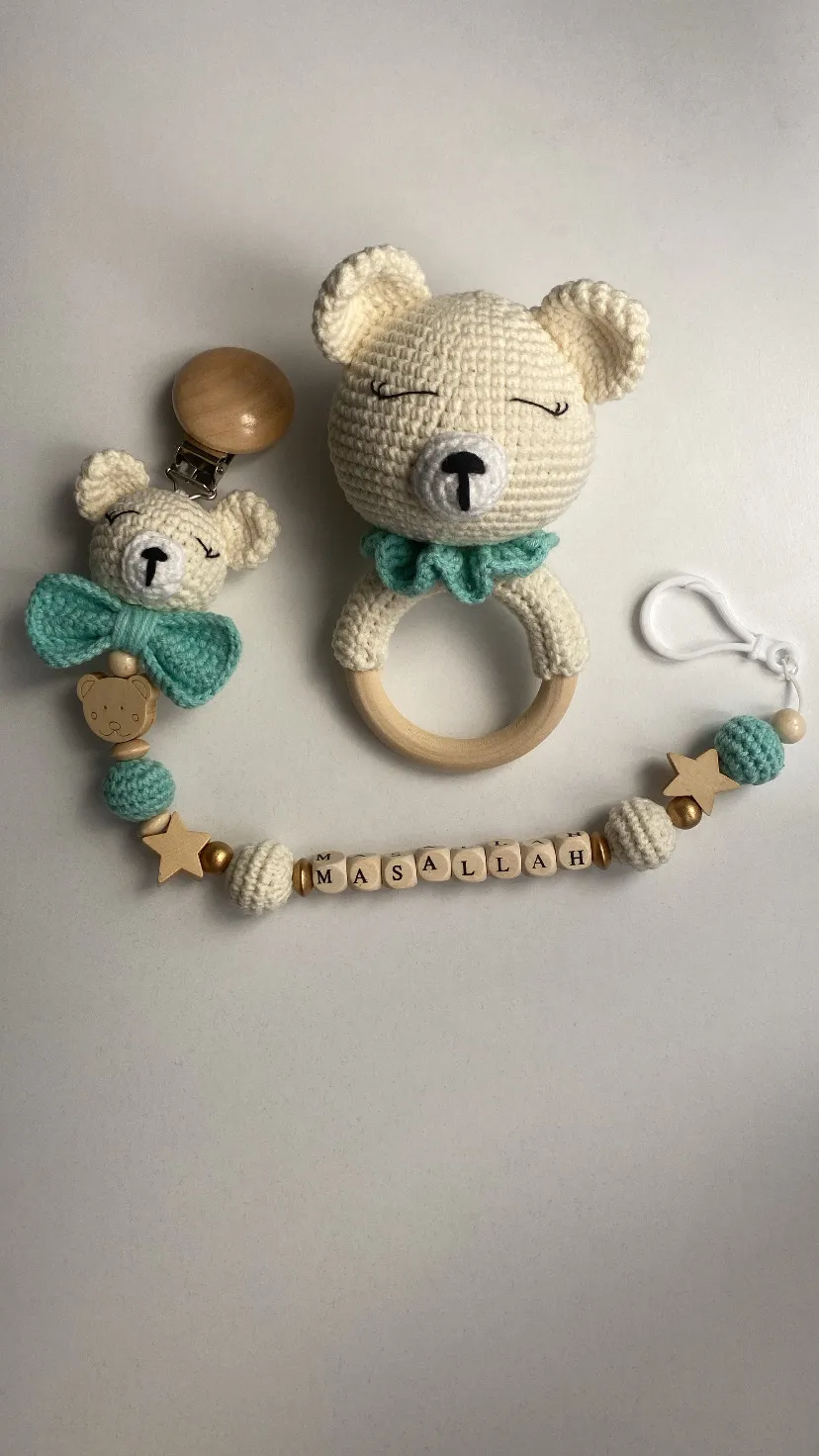 Ayıcık figürlü emzik zinciri ve çıngırak seti