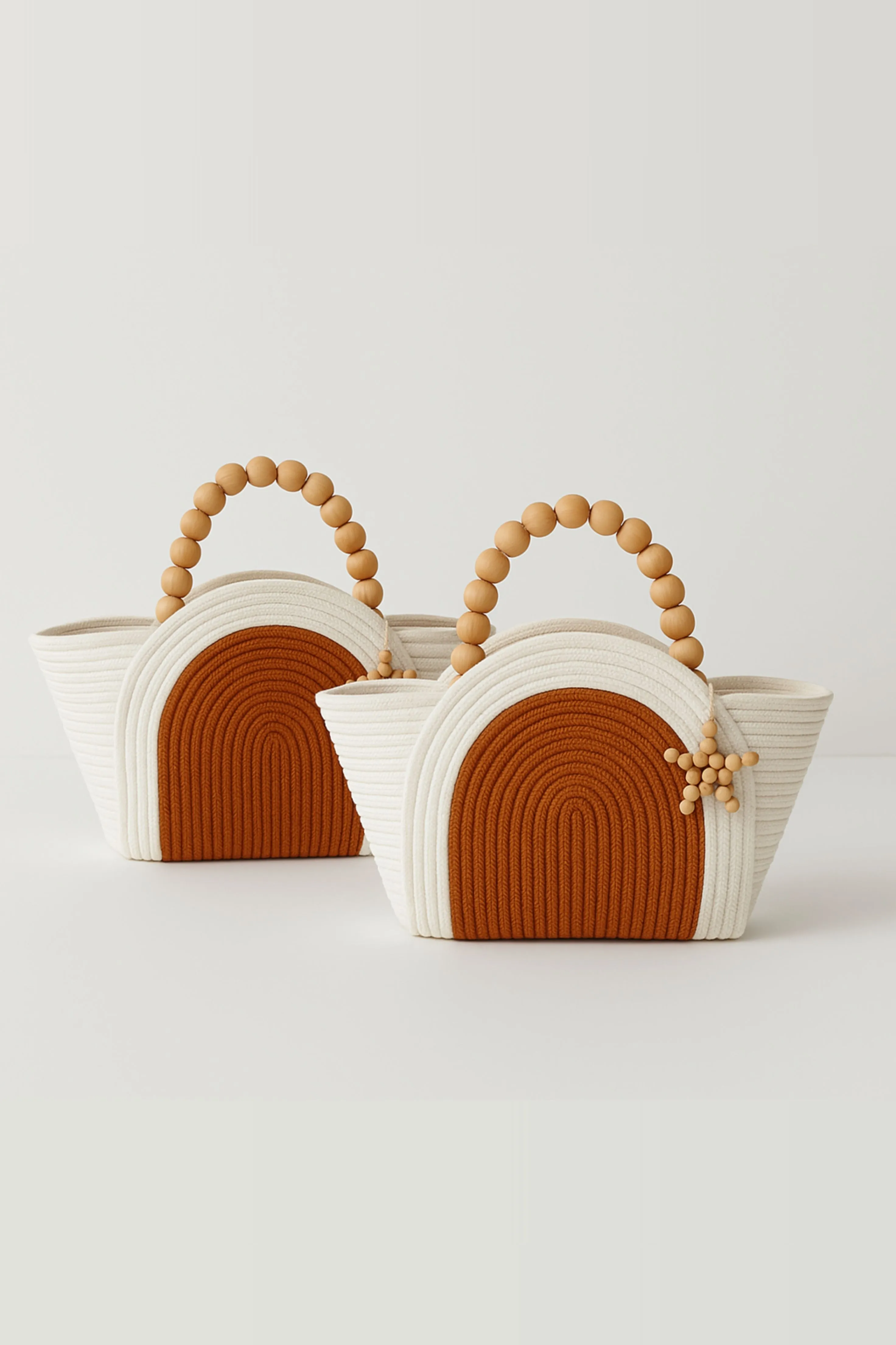 Macrame Bag Set – 2-Piece Mother and Daughter Set with Wicker Detail and Wooden Handles