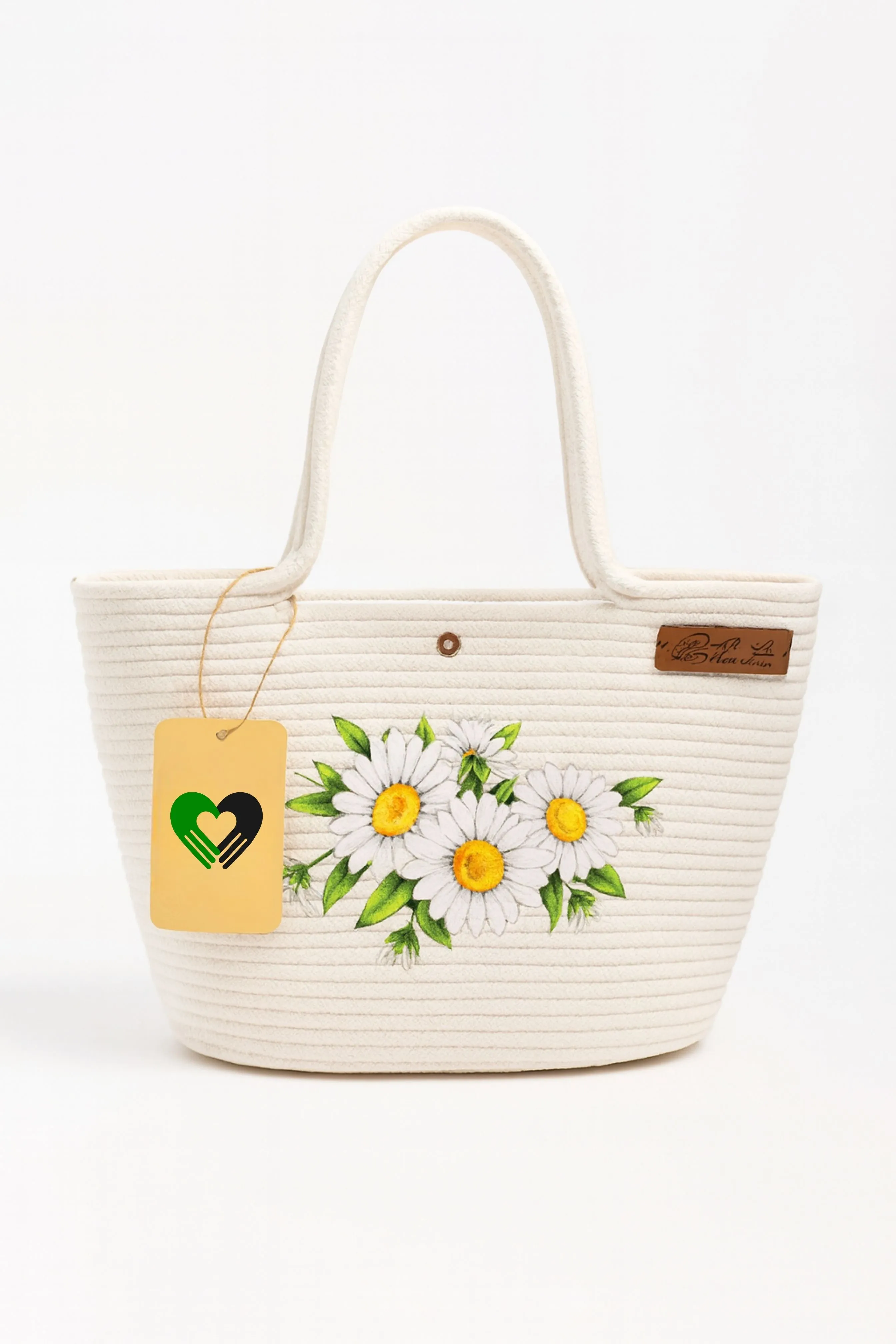 Macrame Bag – Natural Color, Handmade Daisy Patterned Bag with Hand Painted Details