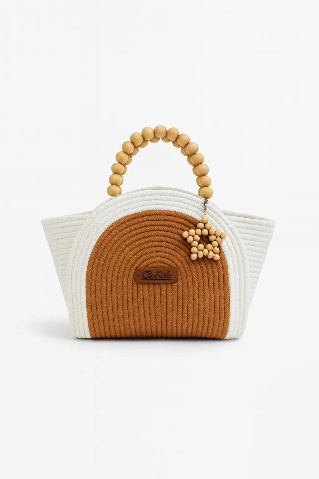 Handmade Macrame Bag – Cinnamon & White, Semicircular Design with Wooden Handle