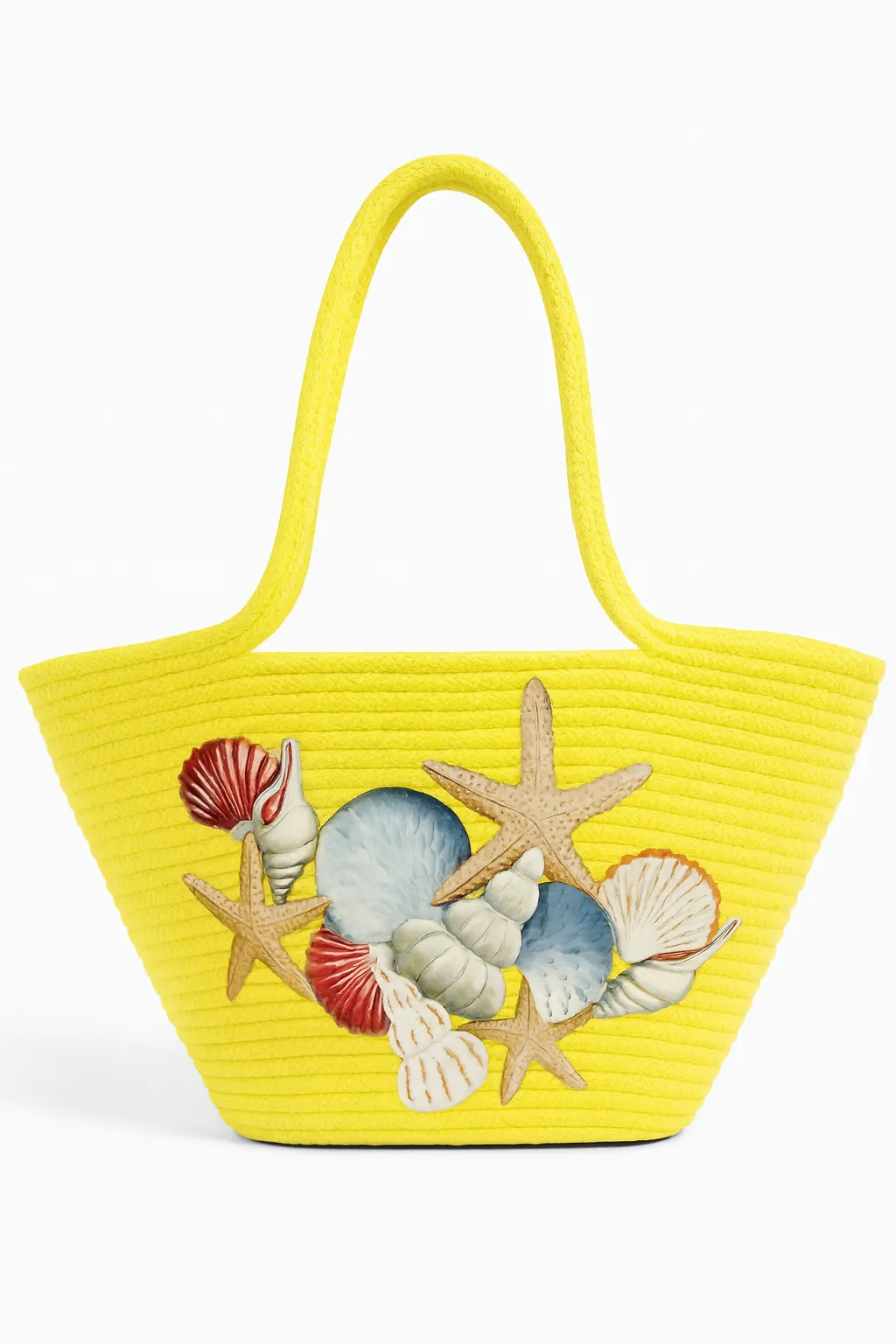 Sarı El Yapımı Örgü Plaj Çantası | Deniz Yıldızı ve Kabuk Desenli Yazlık Çanta