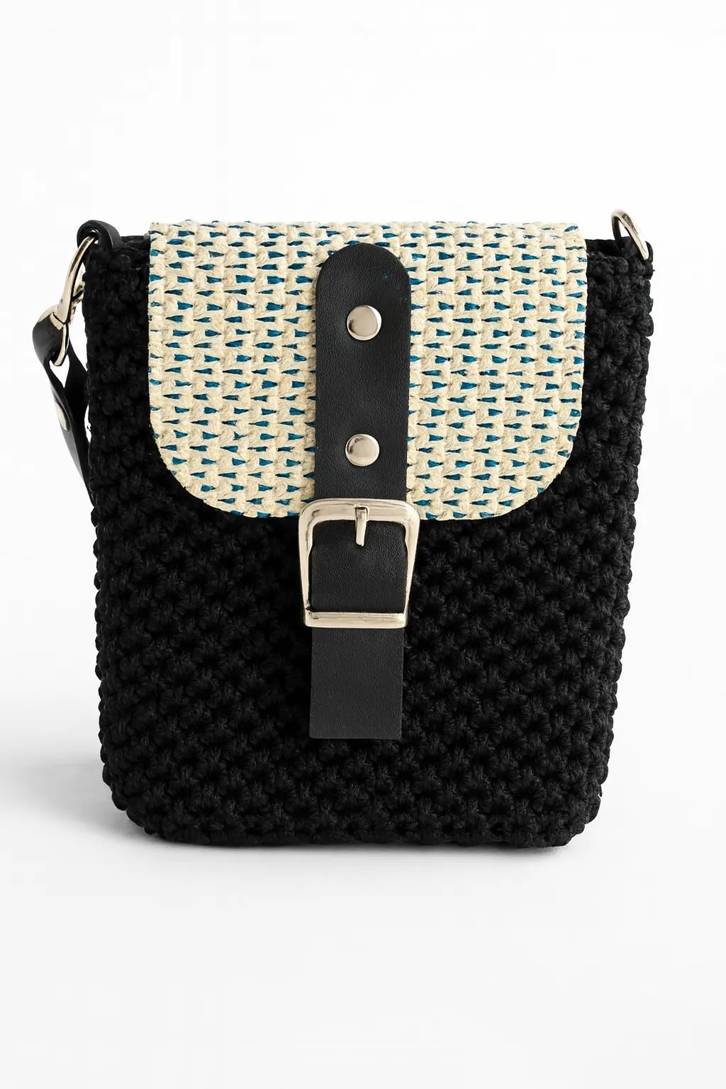Crocheted Leather-Based Shoulder Bag with Flap Detail