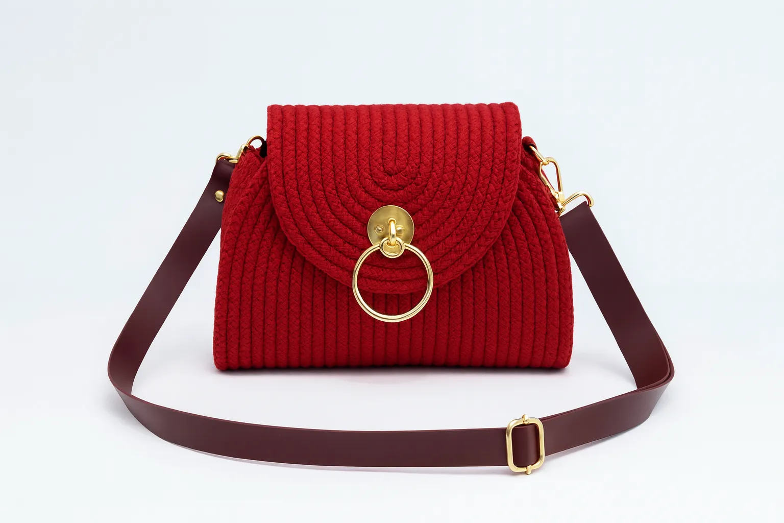 Handmade Red Knitted Shoulder Bag – Gold Buckle, Round Flap Design