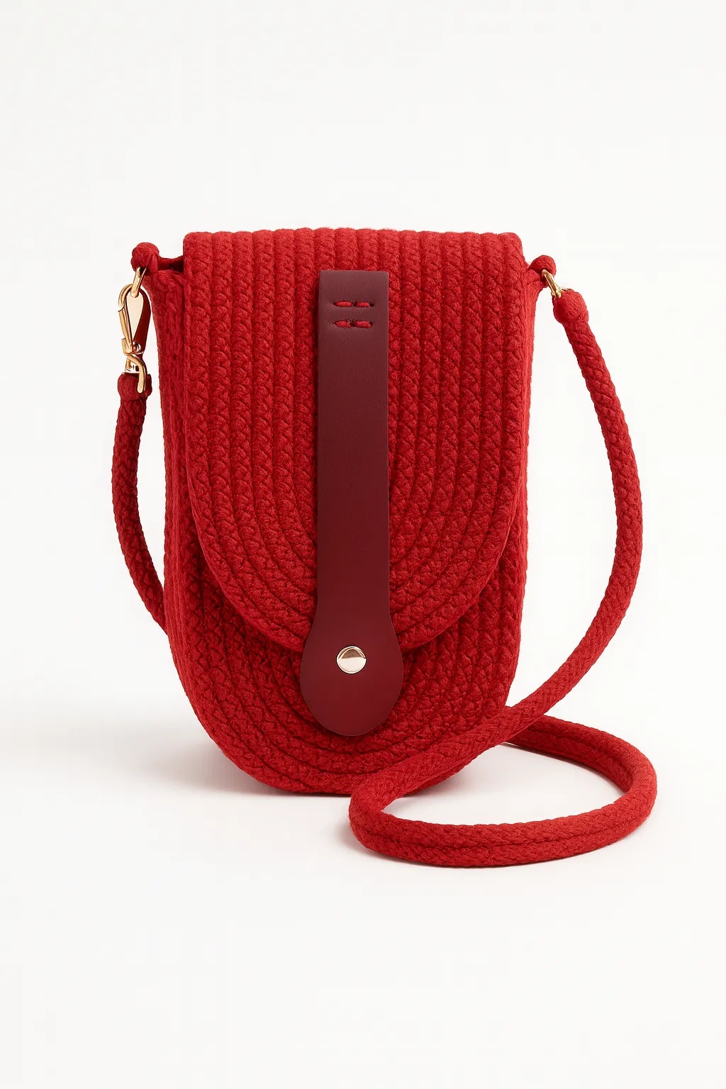 Handmade Knitted Phone Bag - Large Volume, Leather Cover Design