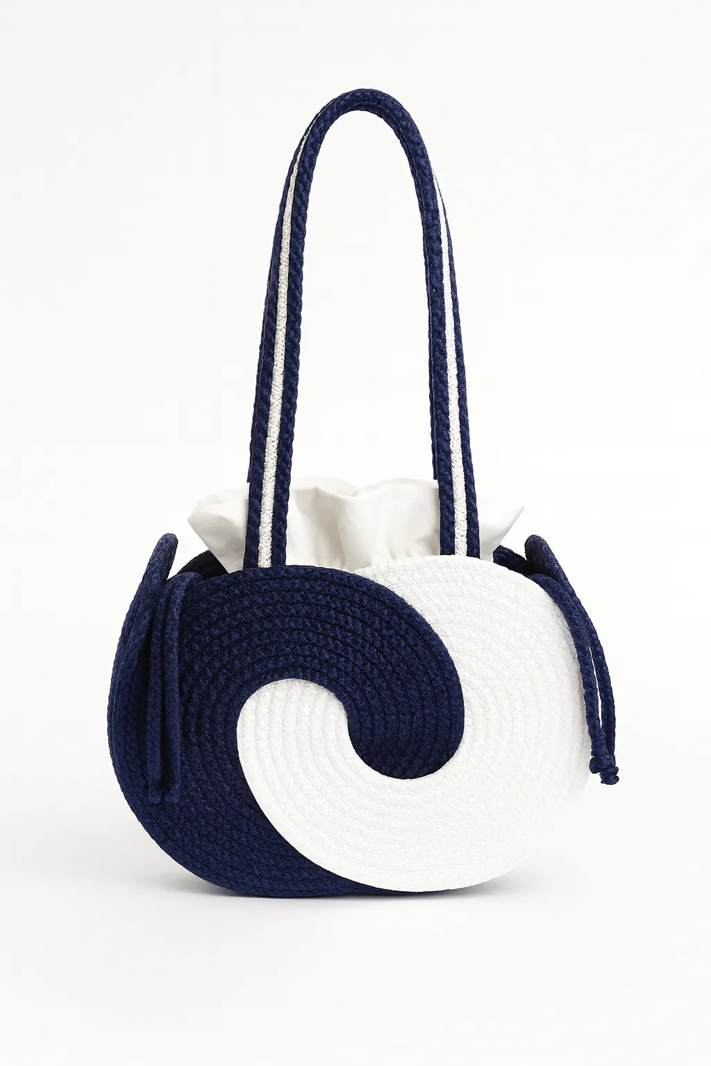 Navy Blue-White Spiral Patterned Handmade Knitted Shoulder Bag
