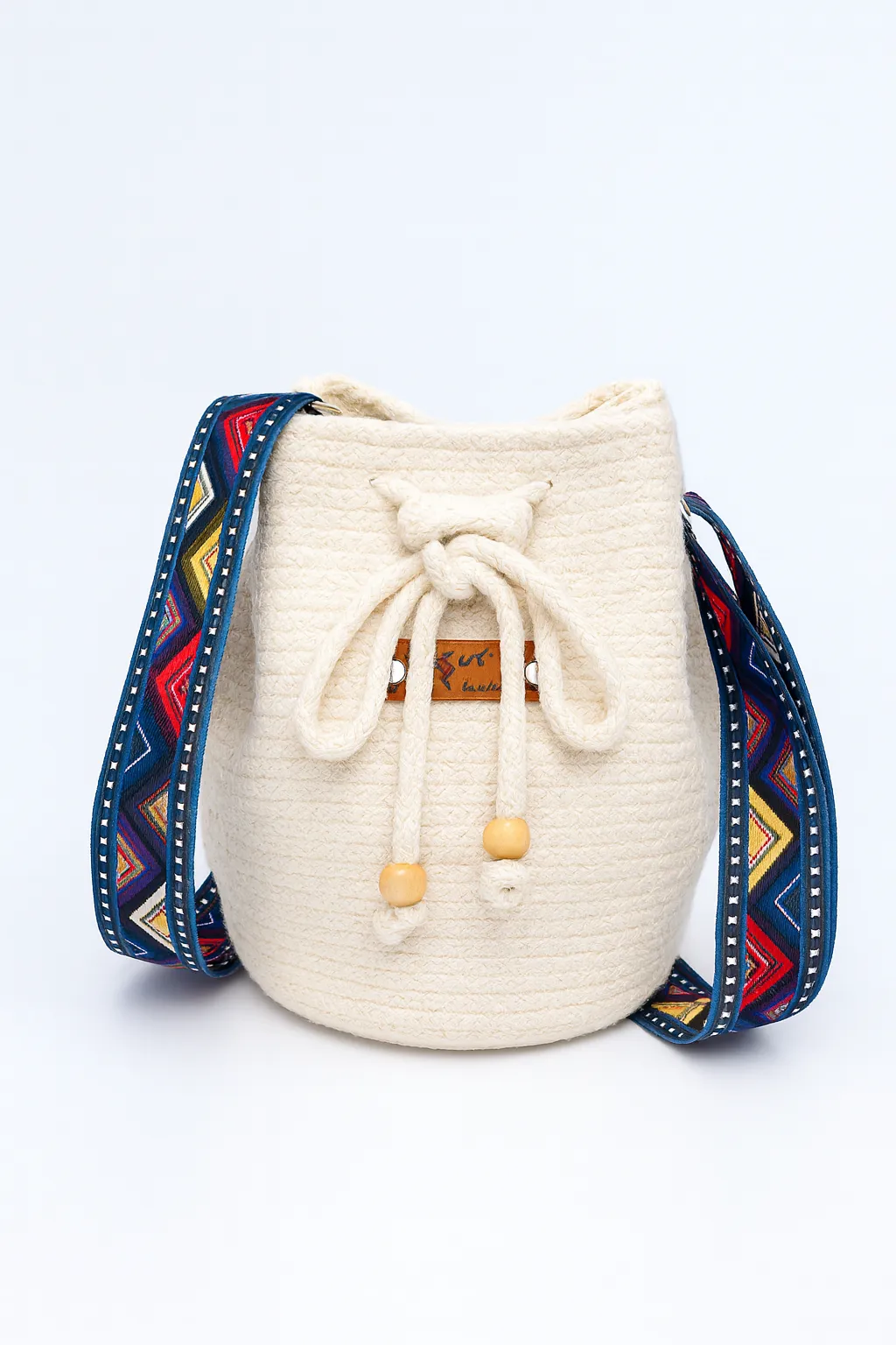 Handmade Knitted Bucket Bag – Colorful Ethnic Shoulder Bag with Drawstring Closure