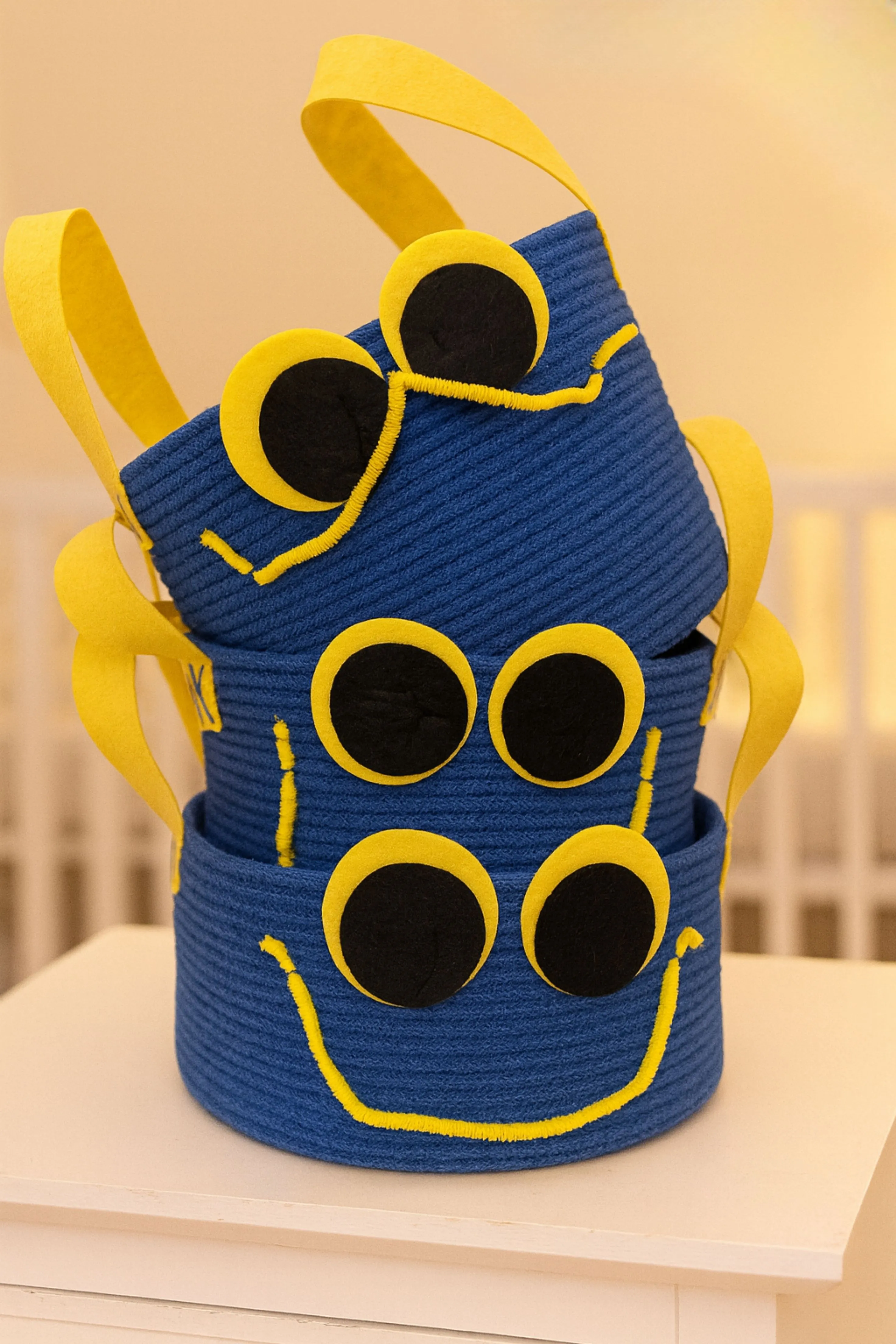 Lacivert Göz Tasarımlı Jut İp Kulplu Çok Amaçlı Oyuncak Sepeti Seti