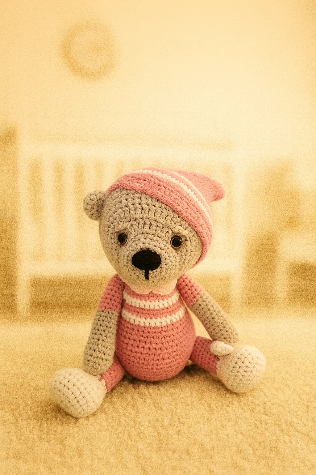 Pembe Pijamalı Sevimli Amigurumi Ayıcık – El Yapımı Oyun Arkadaşı