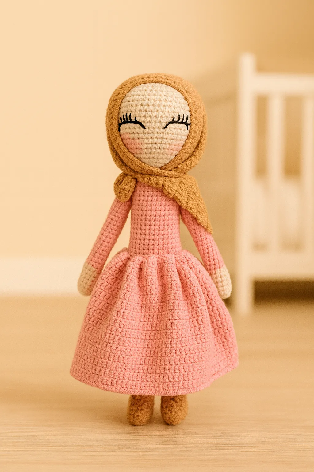 Pembe Elbiseli Başörtülü Amigurumi Bebek