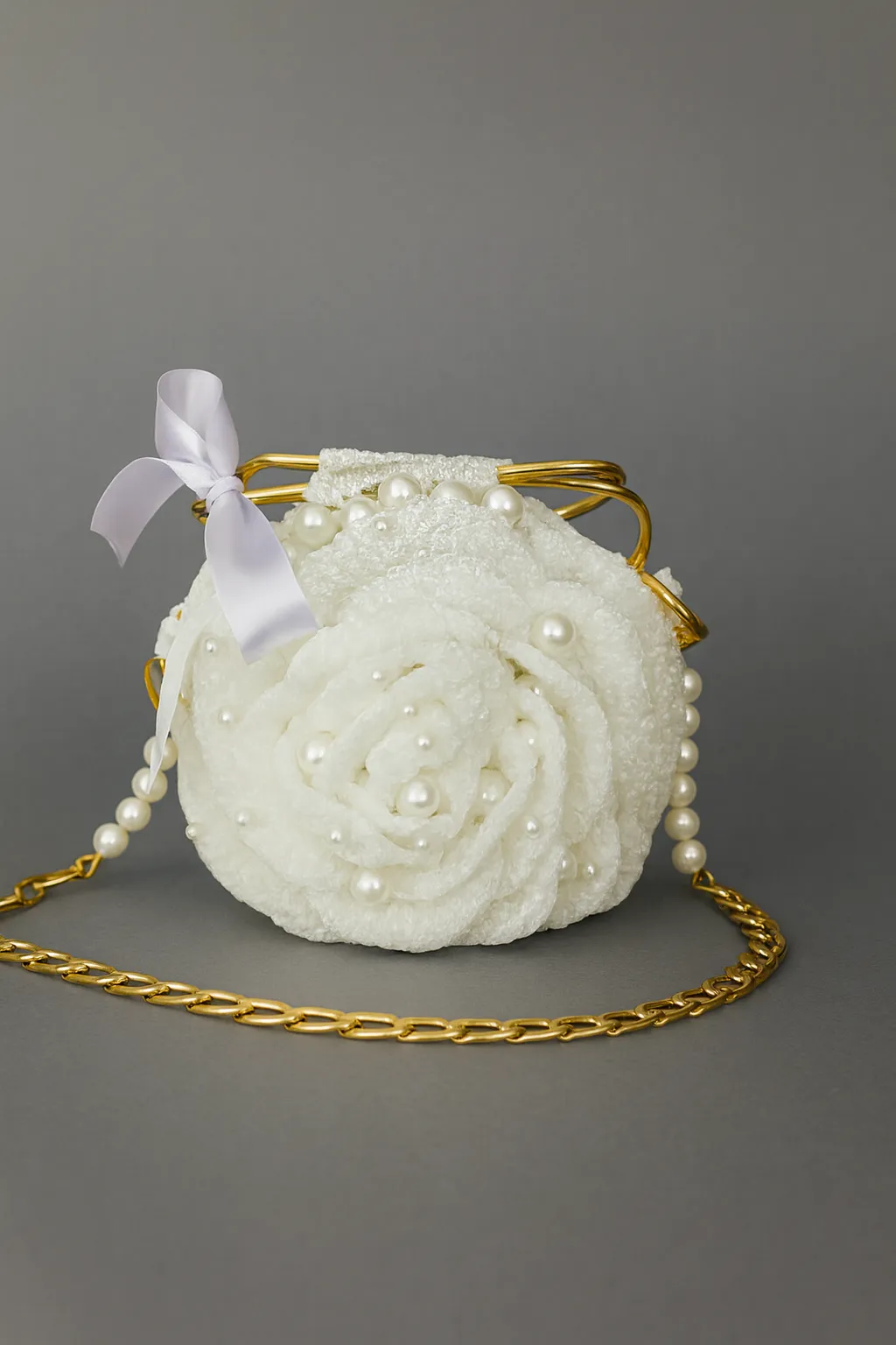Gül Çanta – İnci ve Saten Kurdele Detaylı, Özel Davet ve Gelin Aksesuarı