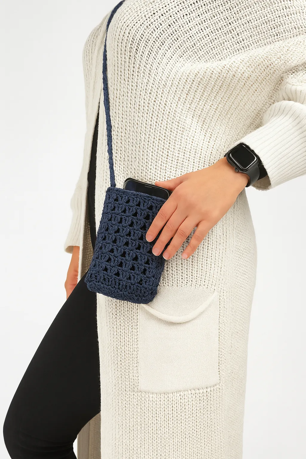 Navy Blue Knitted Shoulder Strap Women's Bag Handmade Stylish and Casual Design