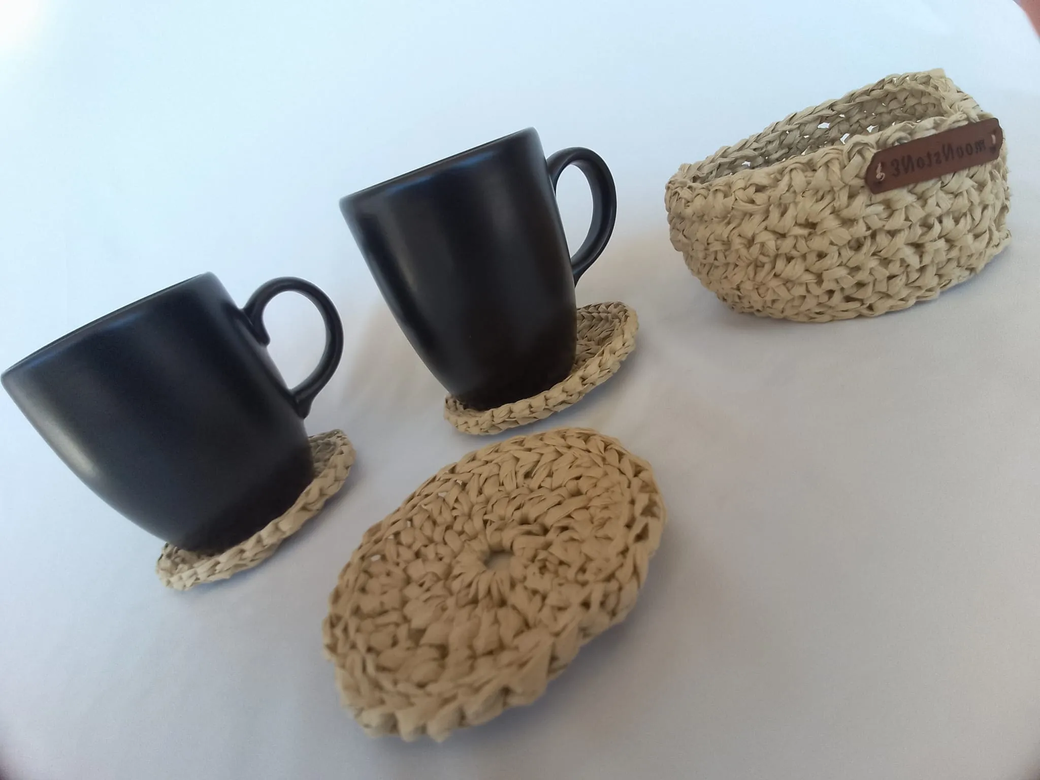 El Örgüsü Rafya İp Bardak Altlığı Seti (6’lı) + Saklama Kabı