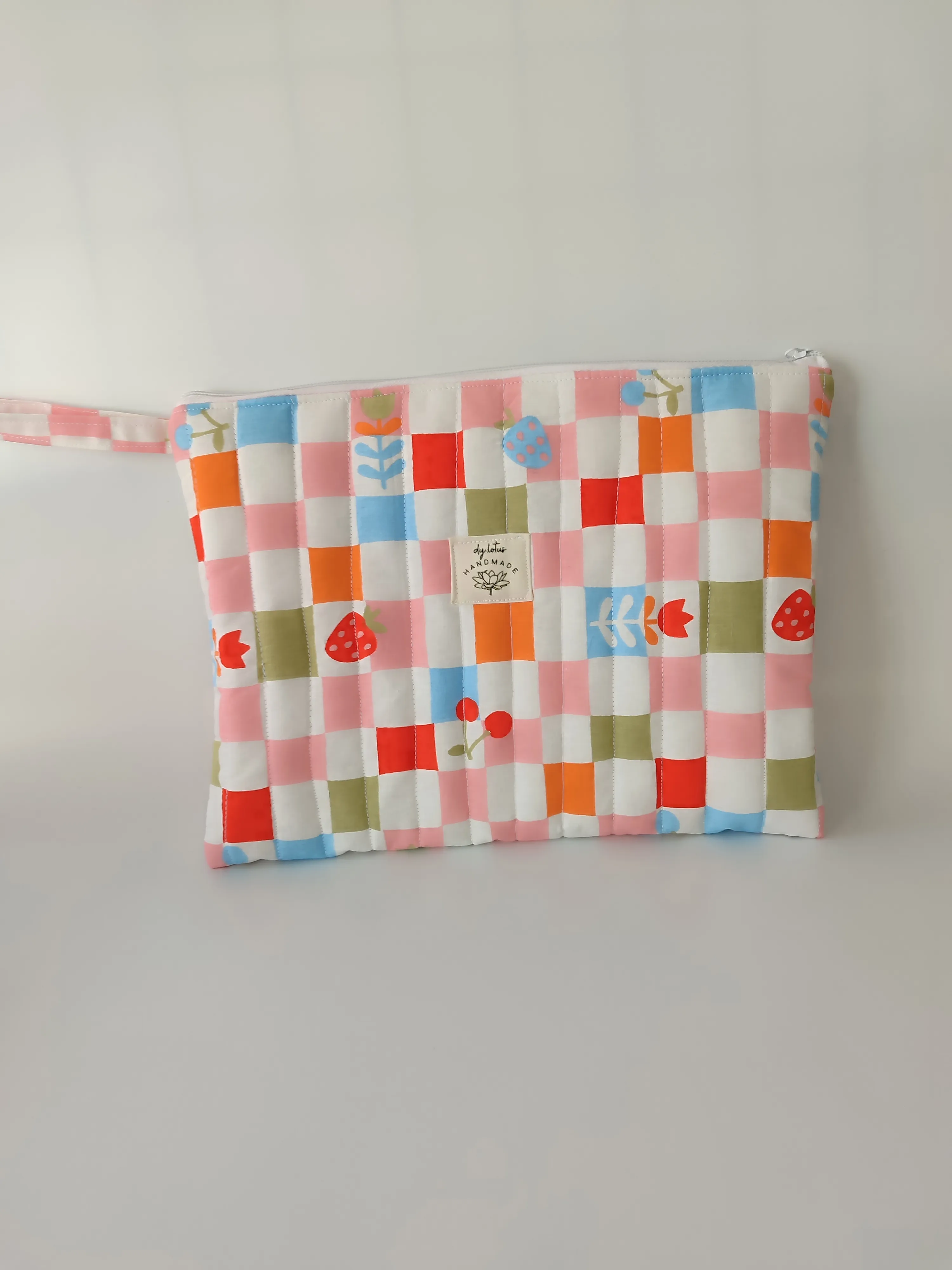 Vintage Kareli Kiraz Desenli Portföy Çanta | Orta Boy Organizer Çanta