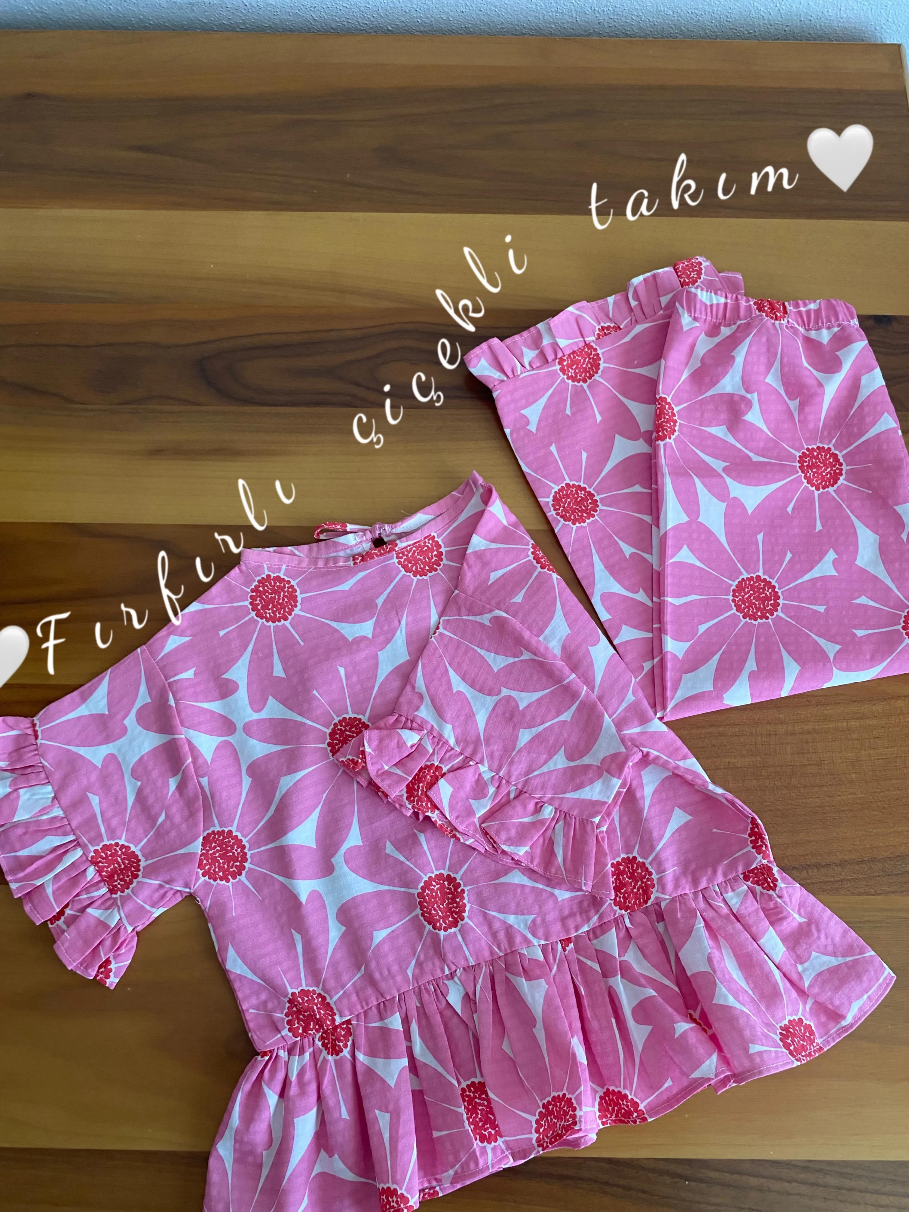 Özel Dikim Cotton Kumaş Fırfırlı Çiçek Desenli Alt Üst Kız Çocuk Takımı