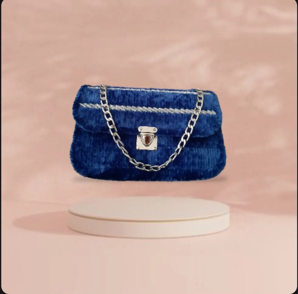 Kadife İpten El Yapımı Mavi Çanta