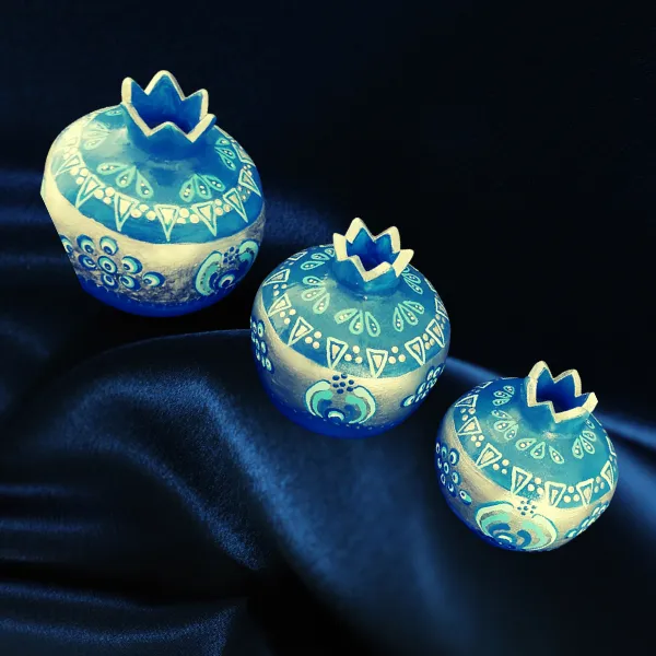 El Yapımı 3'lü Seramik  Mavi Gümüş Nar Seti - Bereket ve Şıklığın Sembolü