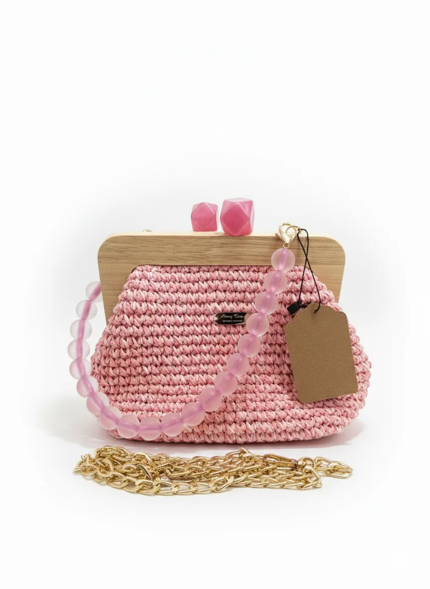 Pembe Makrome İp Detaylı Ahşap Çerçeveli Trend Çanta
