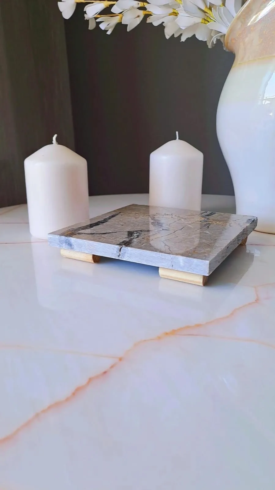 Mermer Sunumluk Tepsi Tabak Nihale 15x15 Gri ve Siyah Çizgili