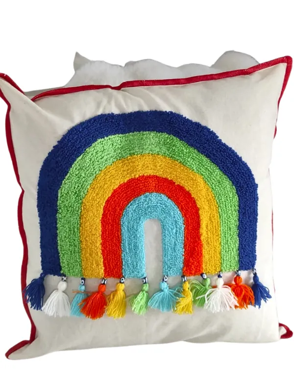 Gökkuşağı Punch Yastık – El İşlemesi Dekoratif Kırlent, Renkli El Yapımı Yastık