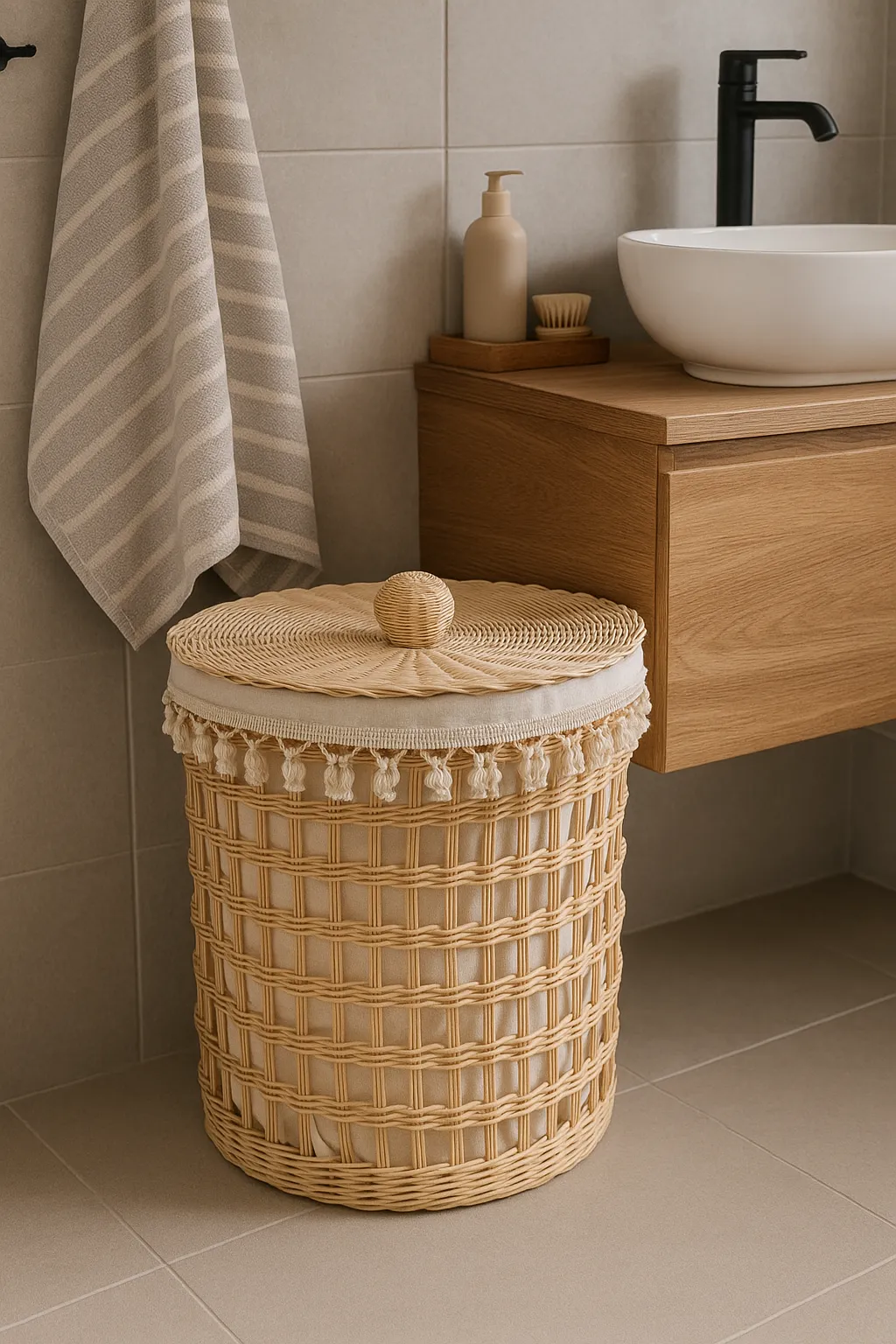 Rattan Bambudan Örgü Kirli Sepeti – Astar İçlikli