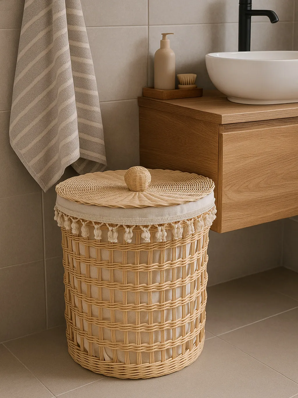 Rattan Bambudan Örgü Kirli Sepeti – Astar İçlikli