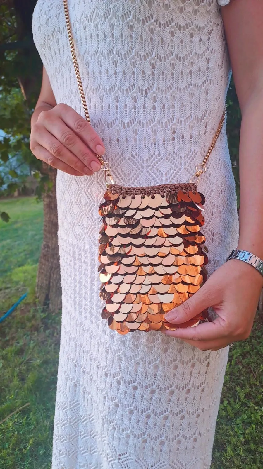 El Örgüsü Gold Pullu Mini Çanta El Emeği