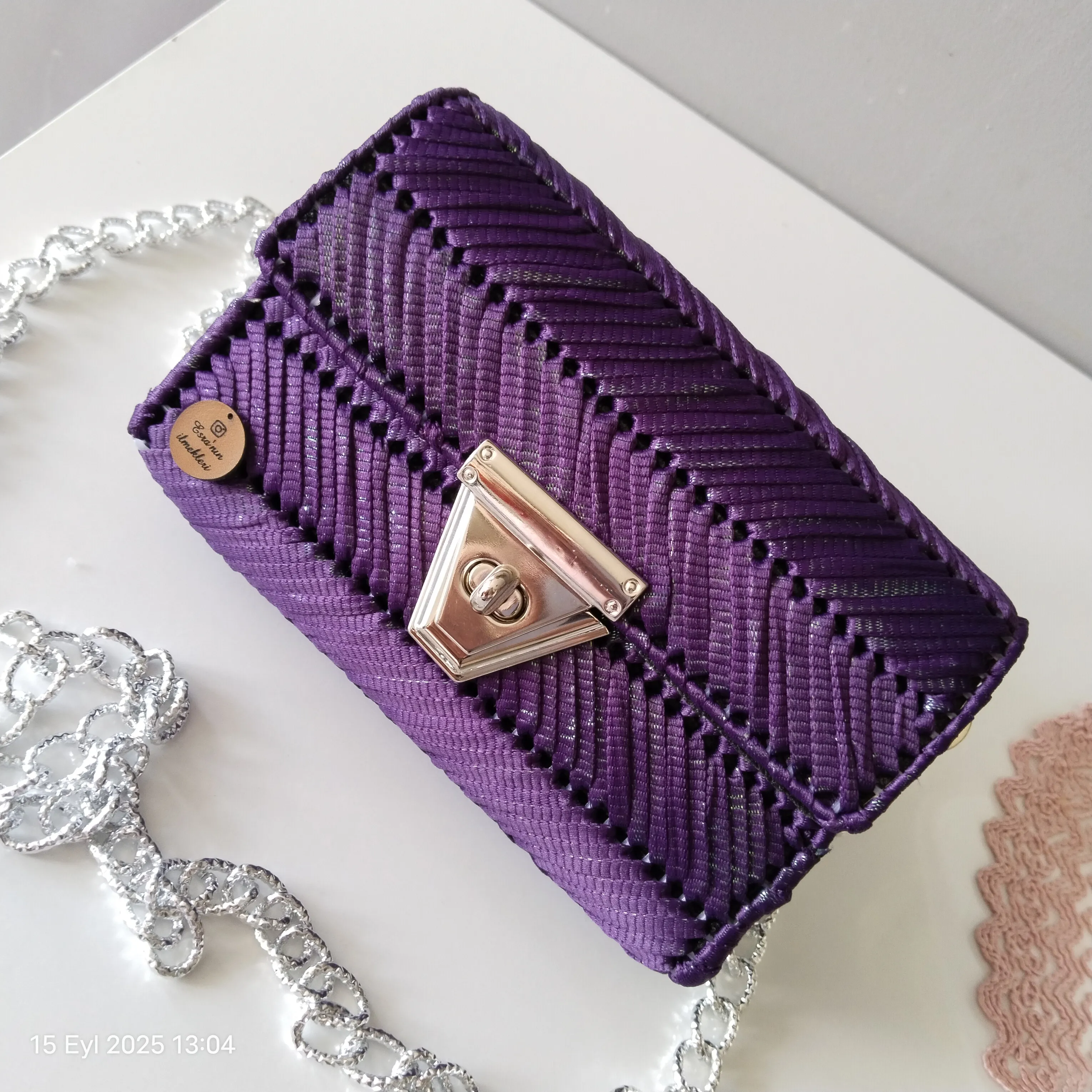Purple Canvas Hand Knitted Chain Strap Bag 👜