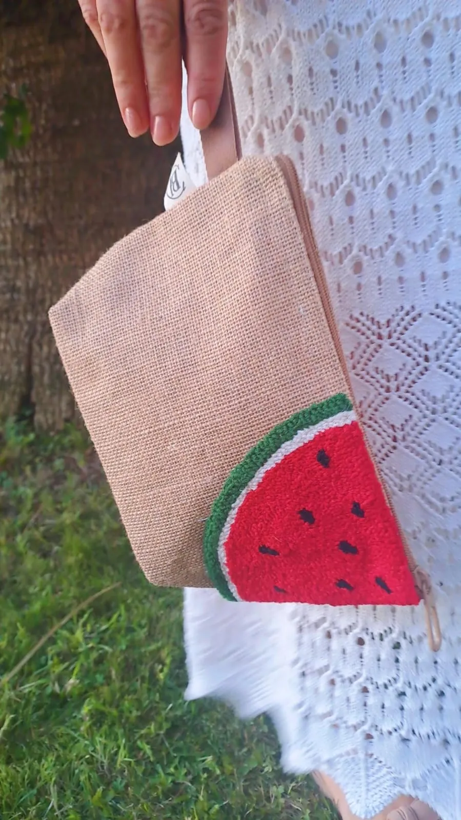 El Yapımı Punch İşlemeli Karpuz Desenli Jüt Çanta