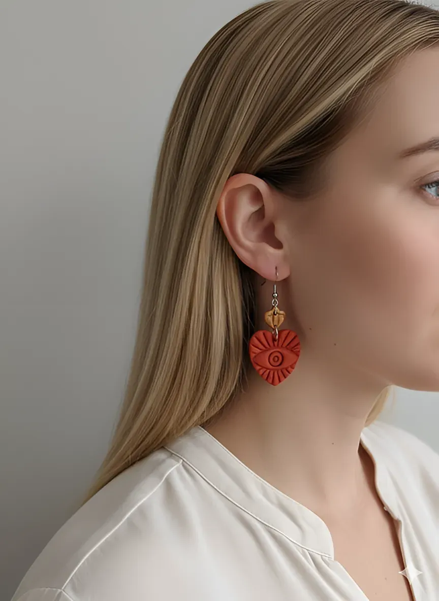 El Yapımı Kiremit Tonlarında Kalp Formlu Göz Detaylı Küpe