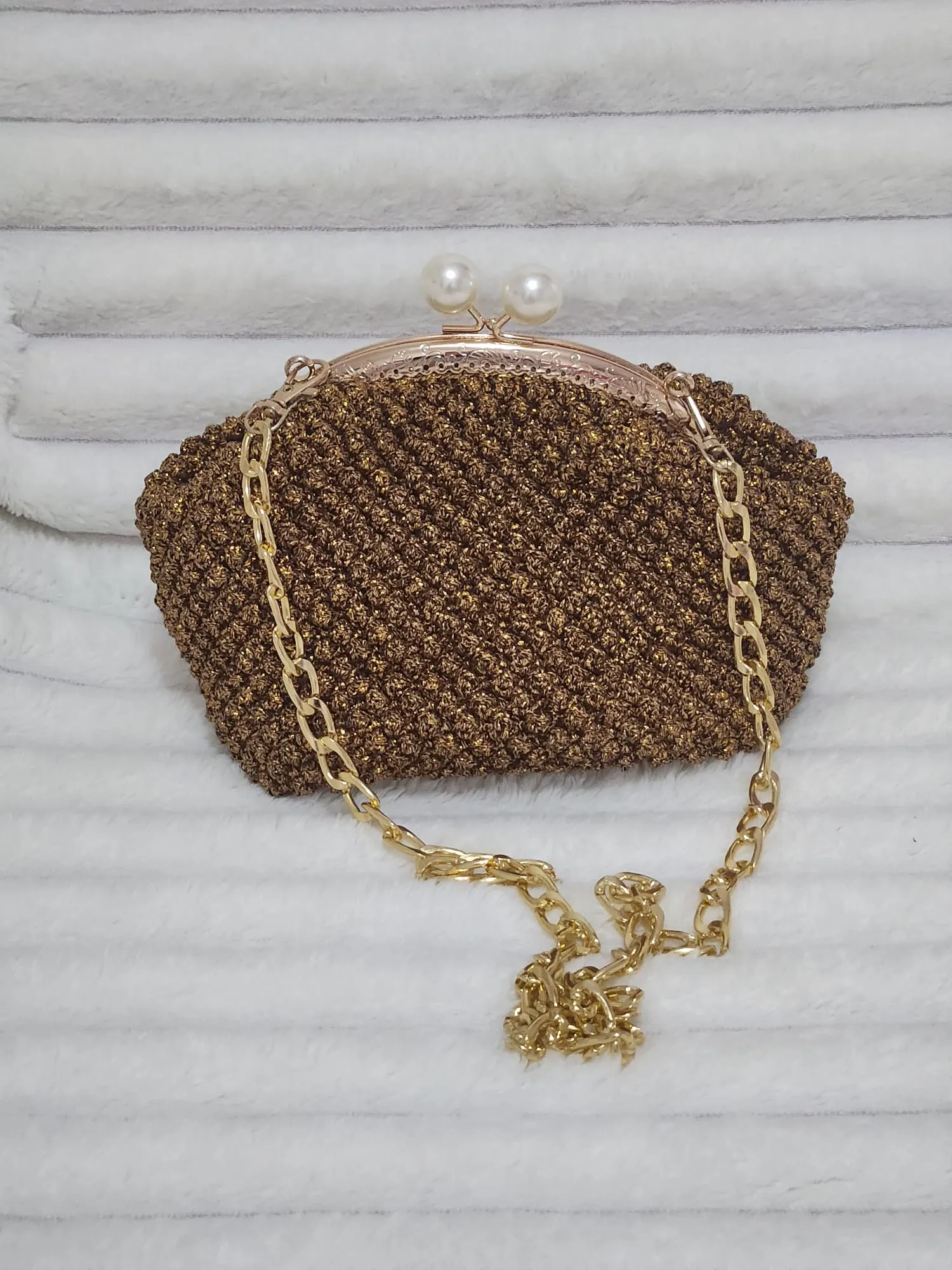 Hand Knitted Gold Glittery Yarn Evening Bag - Gold Chain and Pearl Detailed