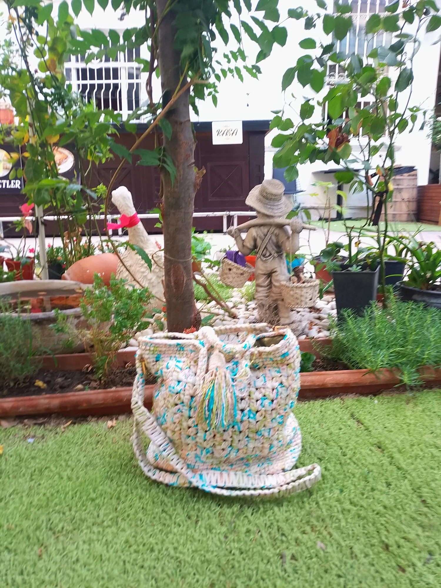 Hand Knitted Patterned Beach Bag from Paper Yarn - Shoulder Strap, Summer Style