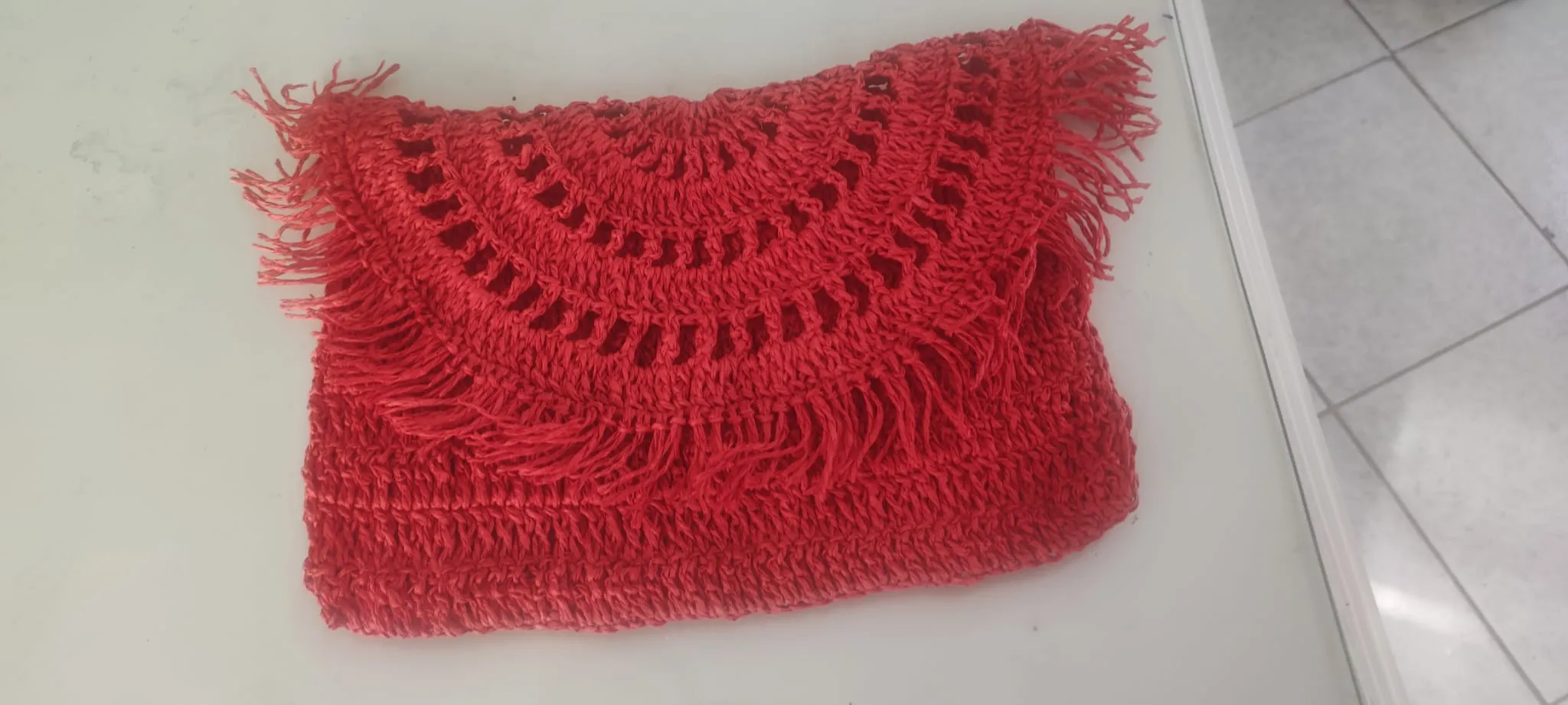 Red Hand Knit Paper Rope Tassel Bag - Stylish Design 27x19 cm