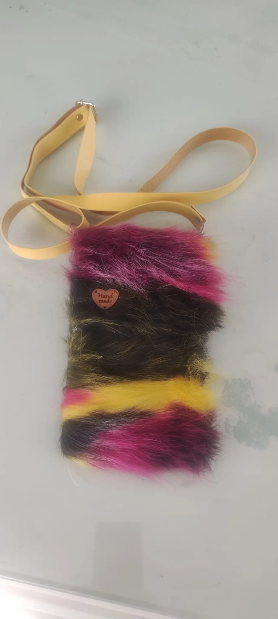 Yellow Leather Handled Colorful Fur Phone Bag