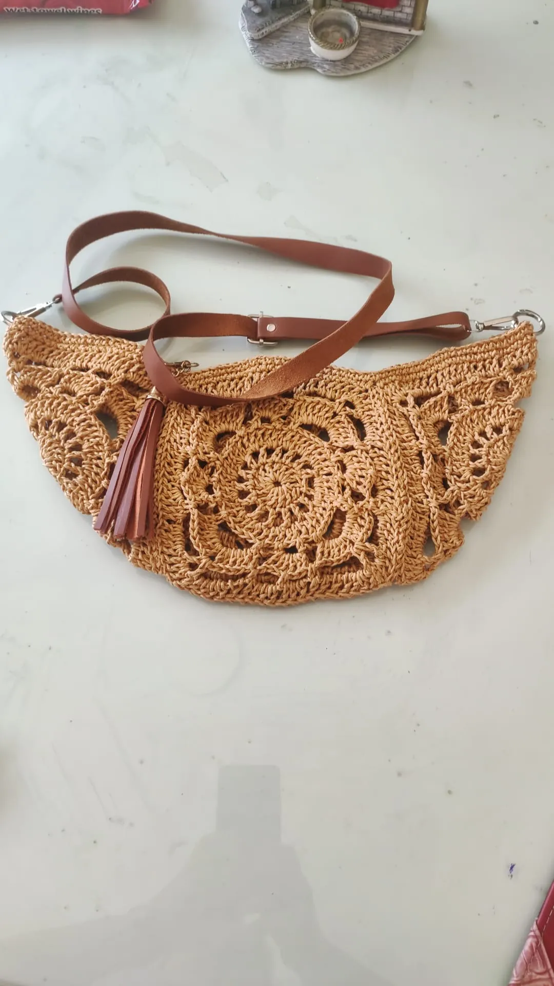 Handmade Knitted Straw Beach Bag - Leather Strapped and Tassel Shoulder Bag