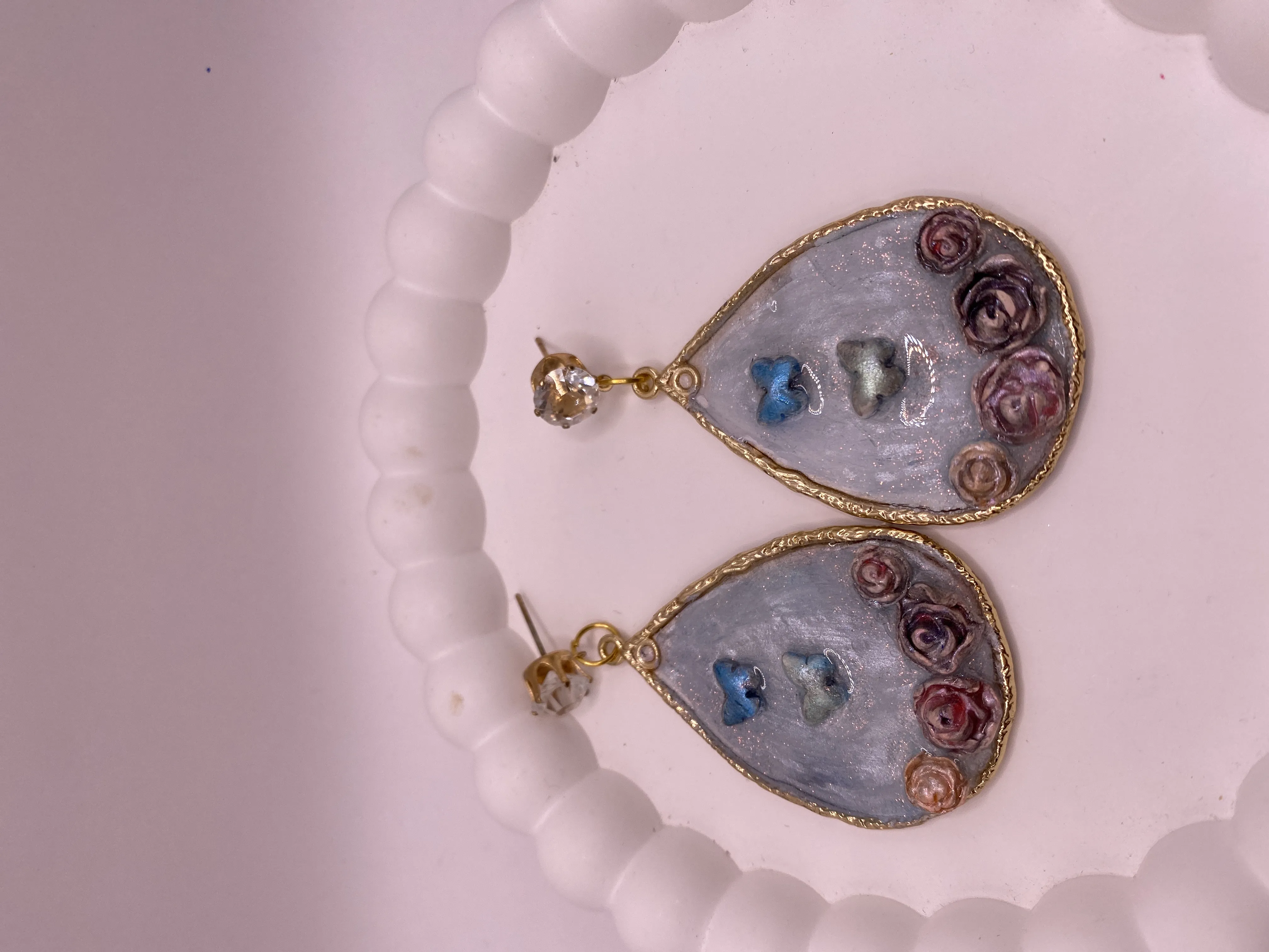 Handmade Pastel Blue Resin Butterfly and Rose Detailed Drop Earrings