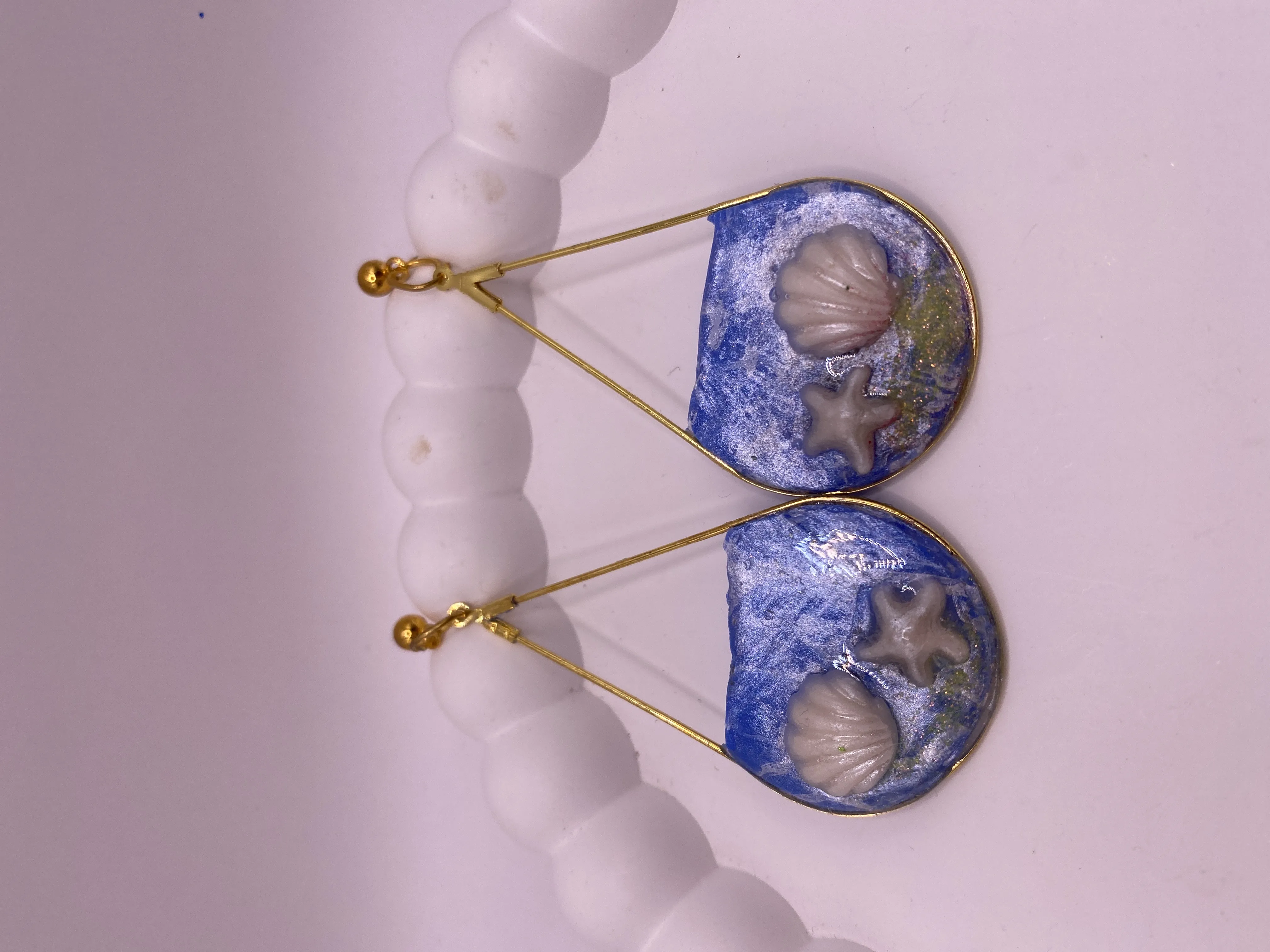 Blue Seashell Handmade Earrings - Bohemian Style Jewelry with Gold Details