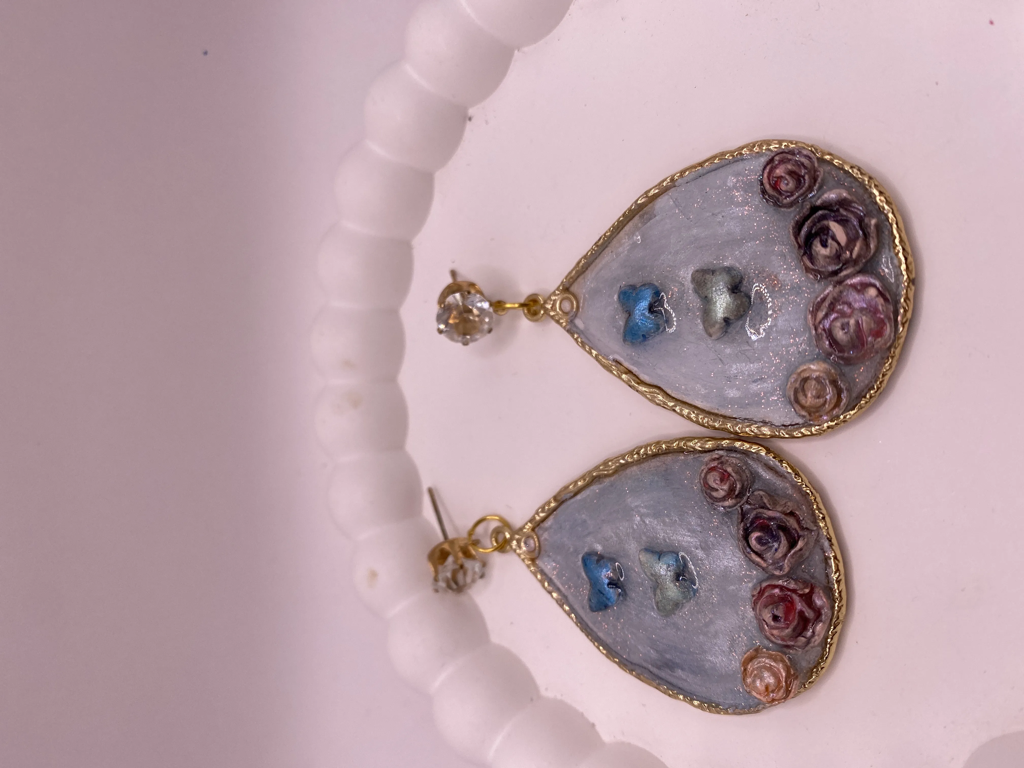 Handmade Pastel Blue Resin Butterfly and Rose Detailed Drop Earrings