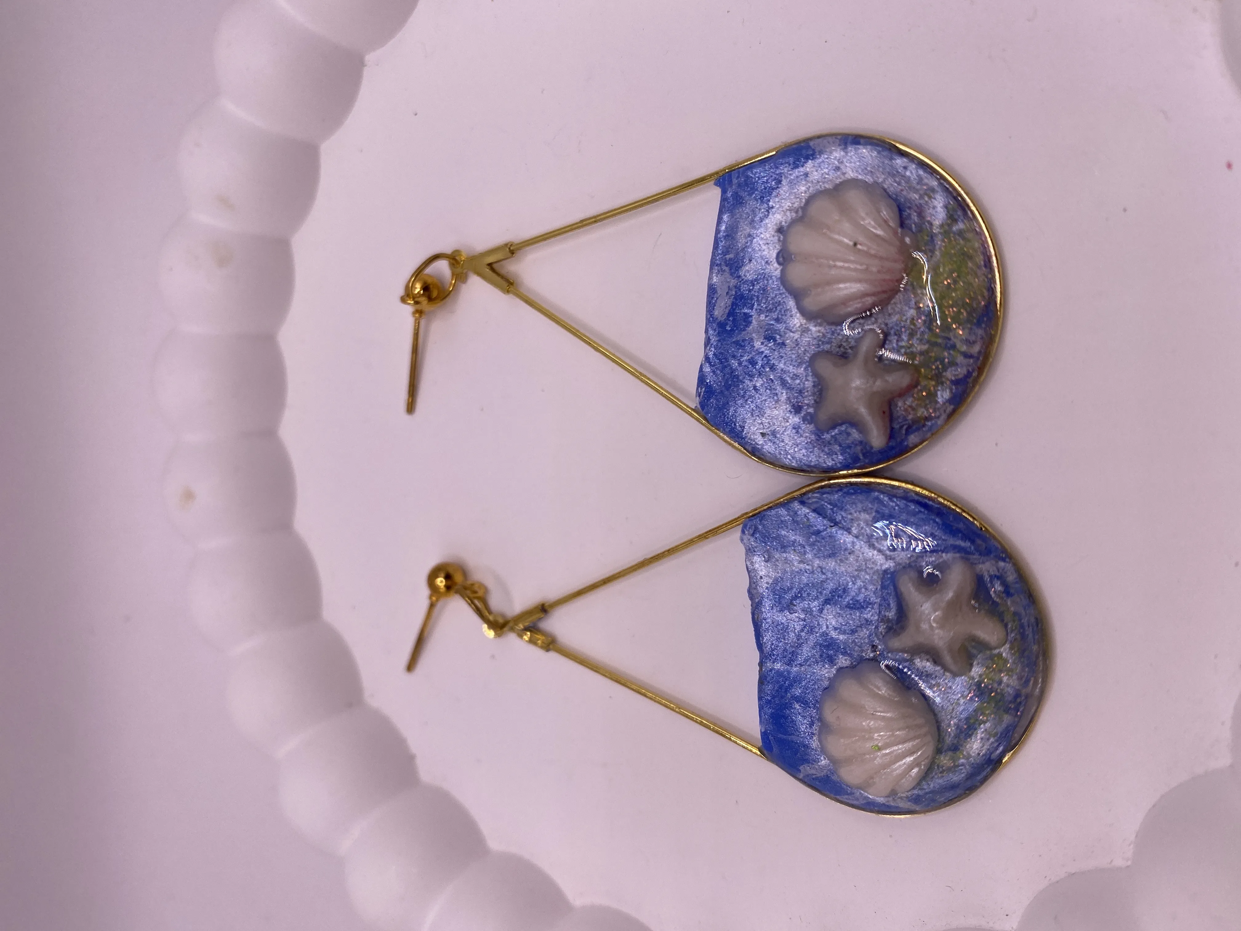 Blue Seashell Handmade Earrings - Bohemian Style Jewelry with Gold Details