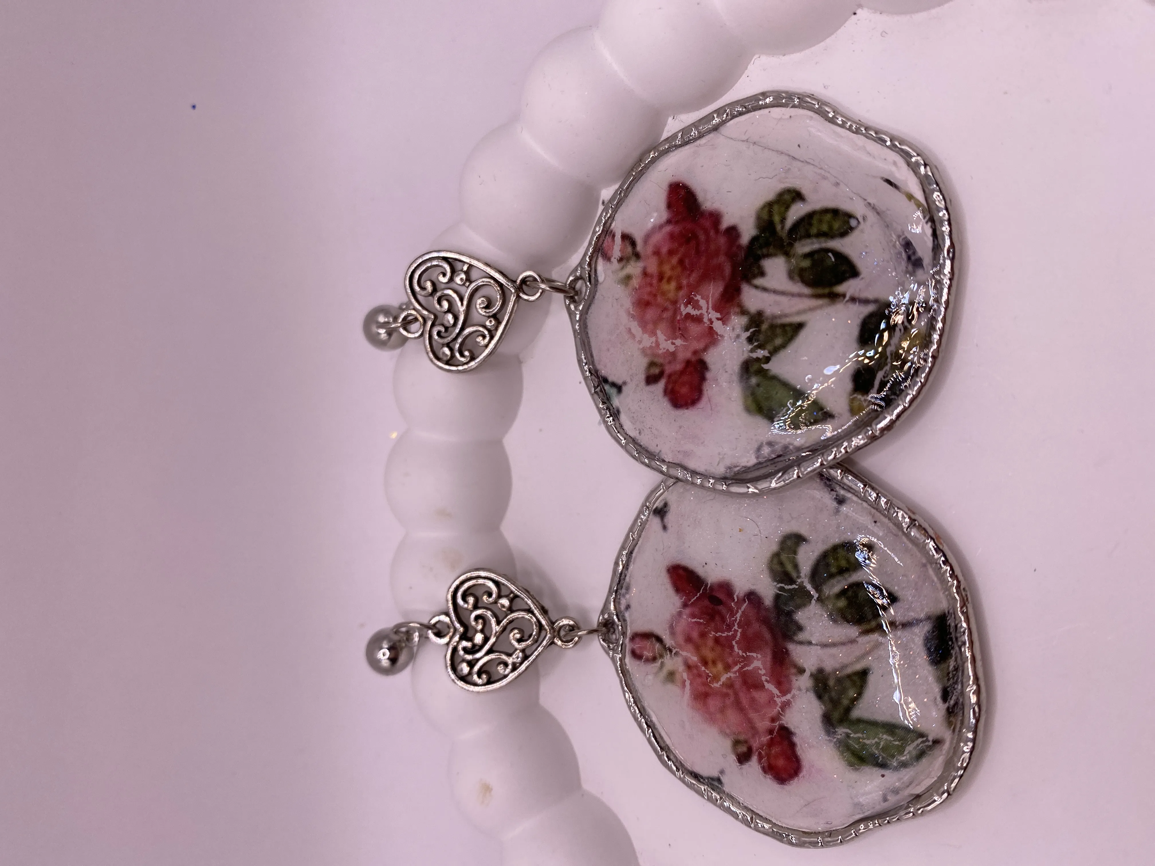 Resin Coated Rose Handmade Earring - Silver Colored Heart Detailed Stylish Design
