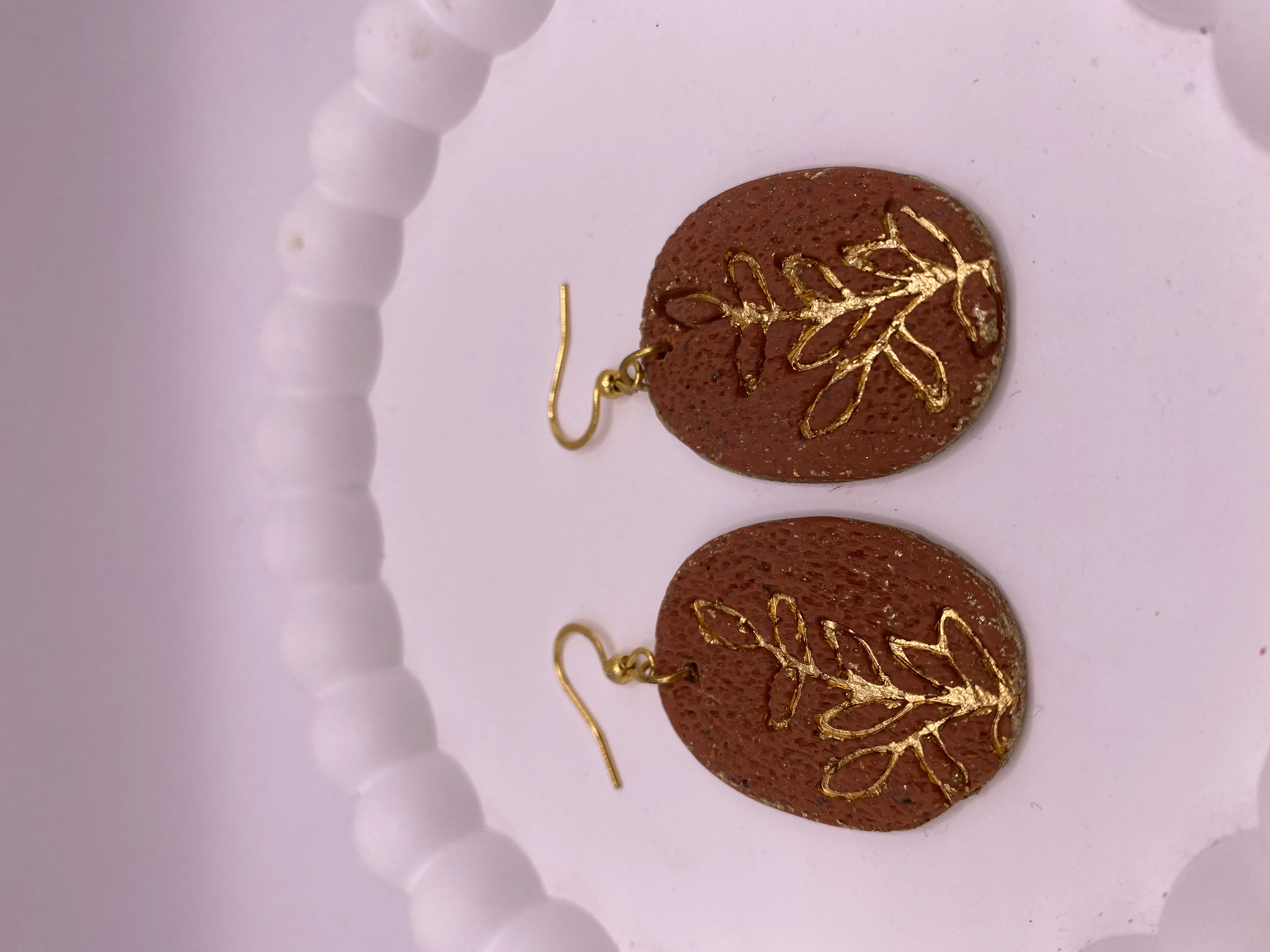 Brown Background with Gold Leaf Pattern Handmade Earring - Stylish and Elegant