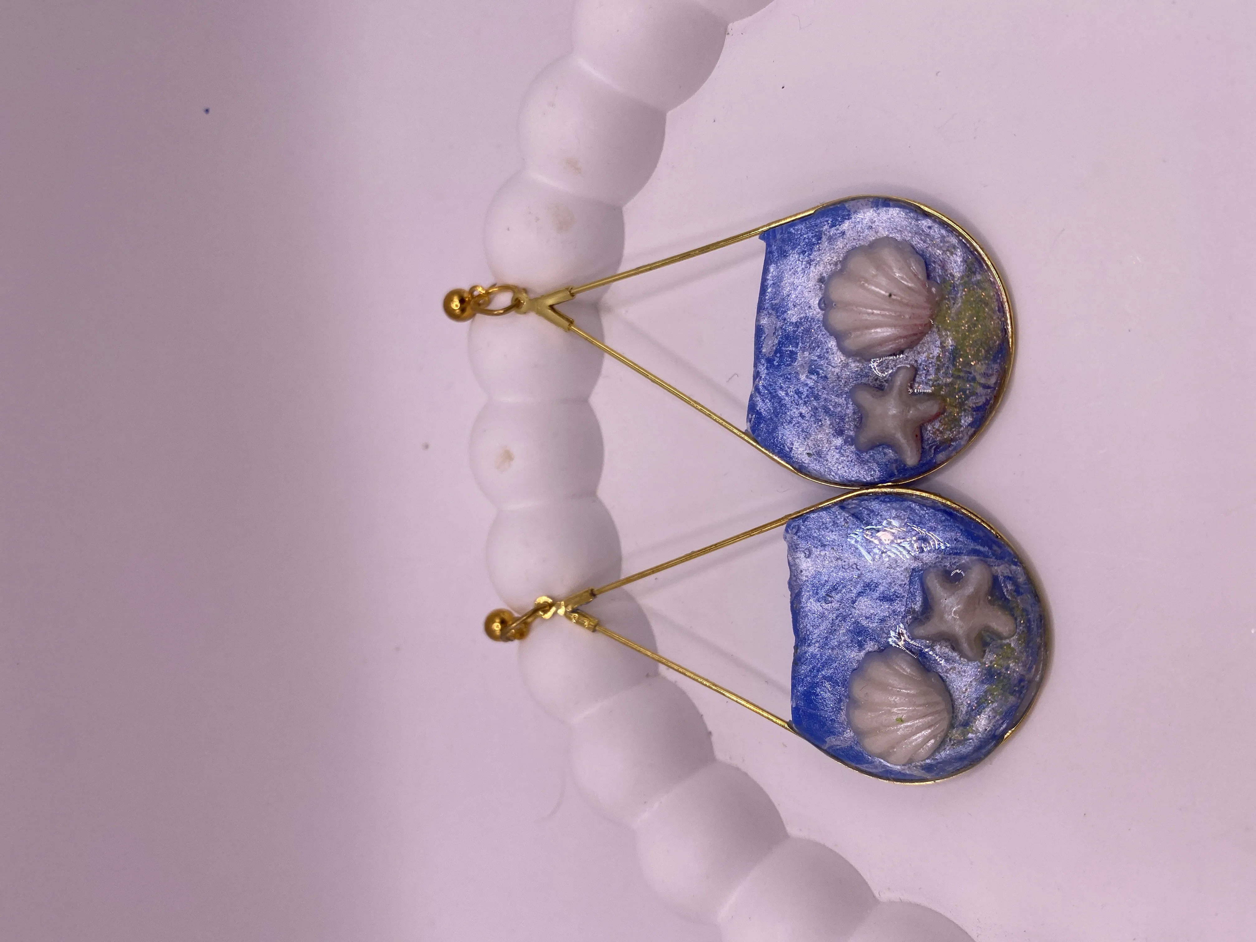 Blue Seashell Handmade Earrings - Bohemian Style Jewelry with Gold Details
