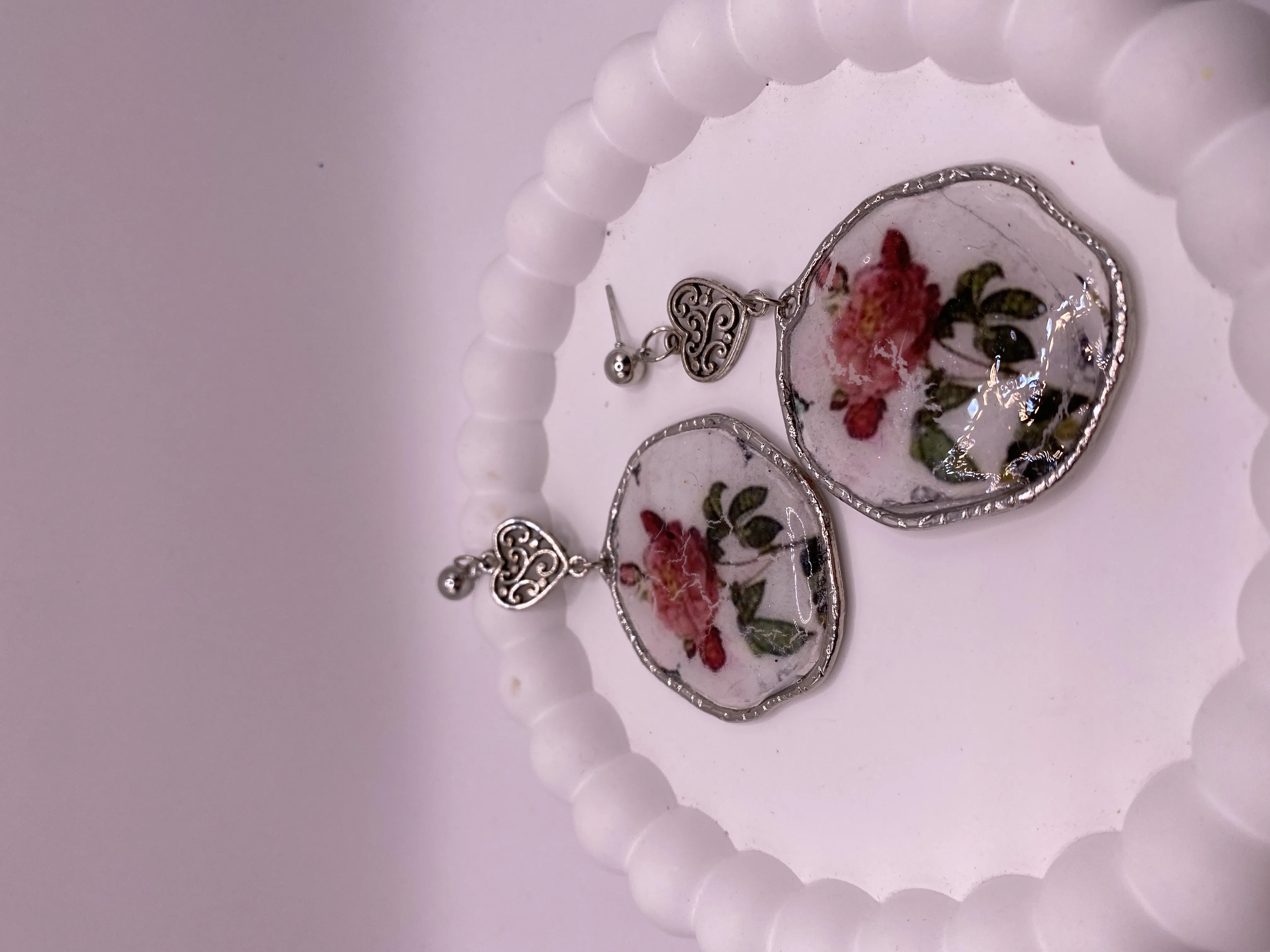 Resin Coated Rose Handmade Earring - Silver Colored Heart Detailed Stylish Design