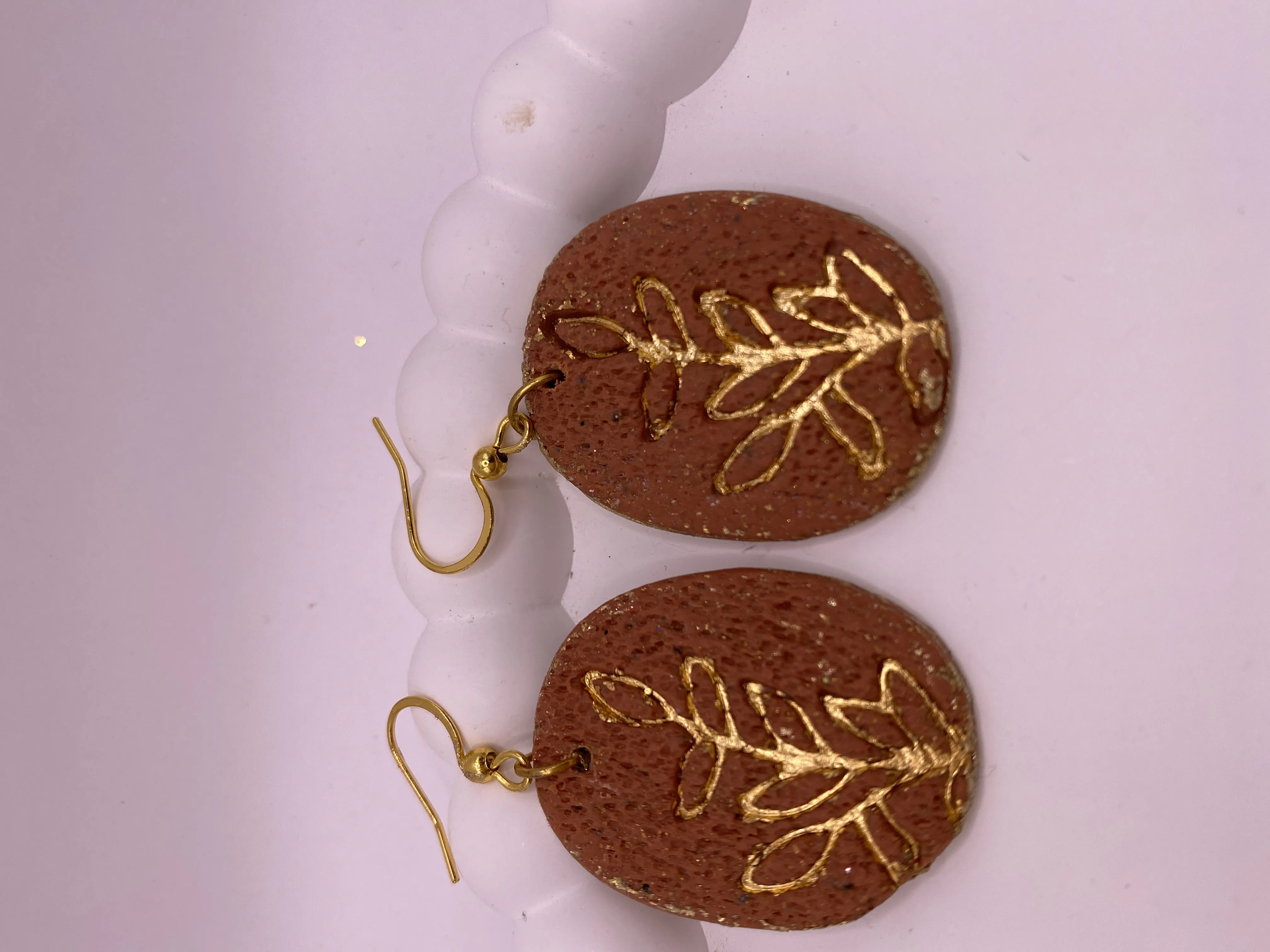 Brown Background with Gold Leaf Pattern Handmade Earring - Stylish and Elegant