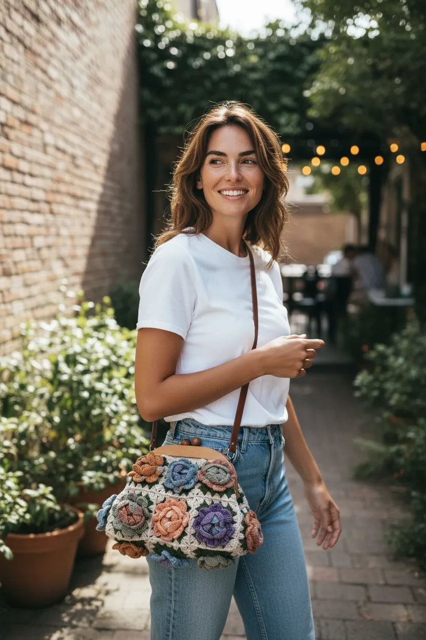 Knitted Rose Wooden Bursary Bag