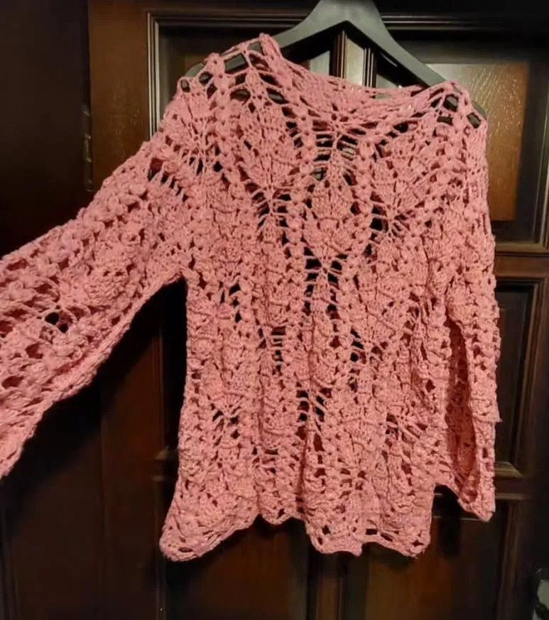 Pembe El Örgüsü Desenli Baharlık Bluz - İtalyan Merserize Dökümlü Triko
