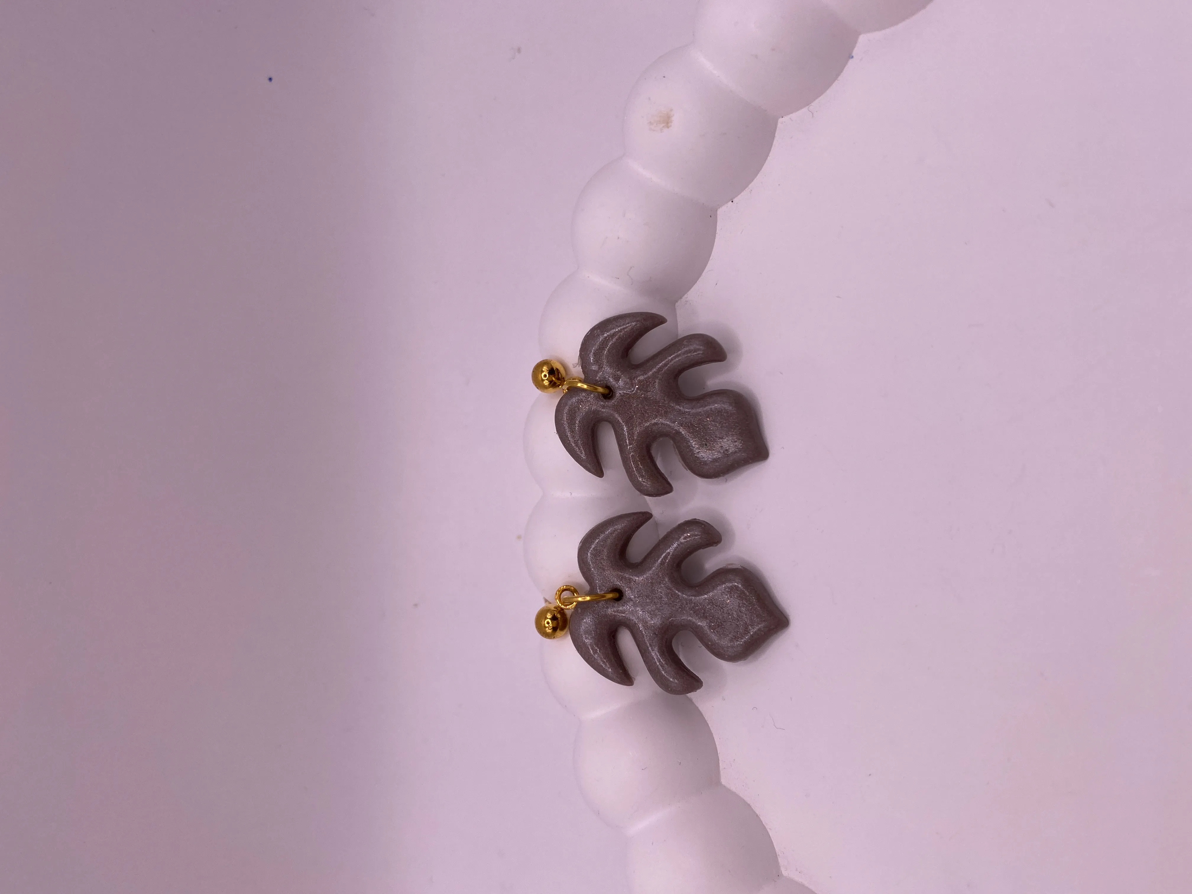 Handmade Clay Monstera Leaf Earrings - Gray Color Gold Detailed Elegant Design