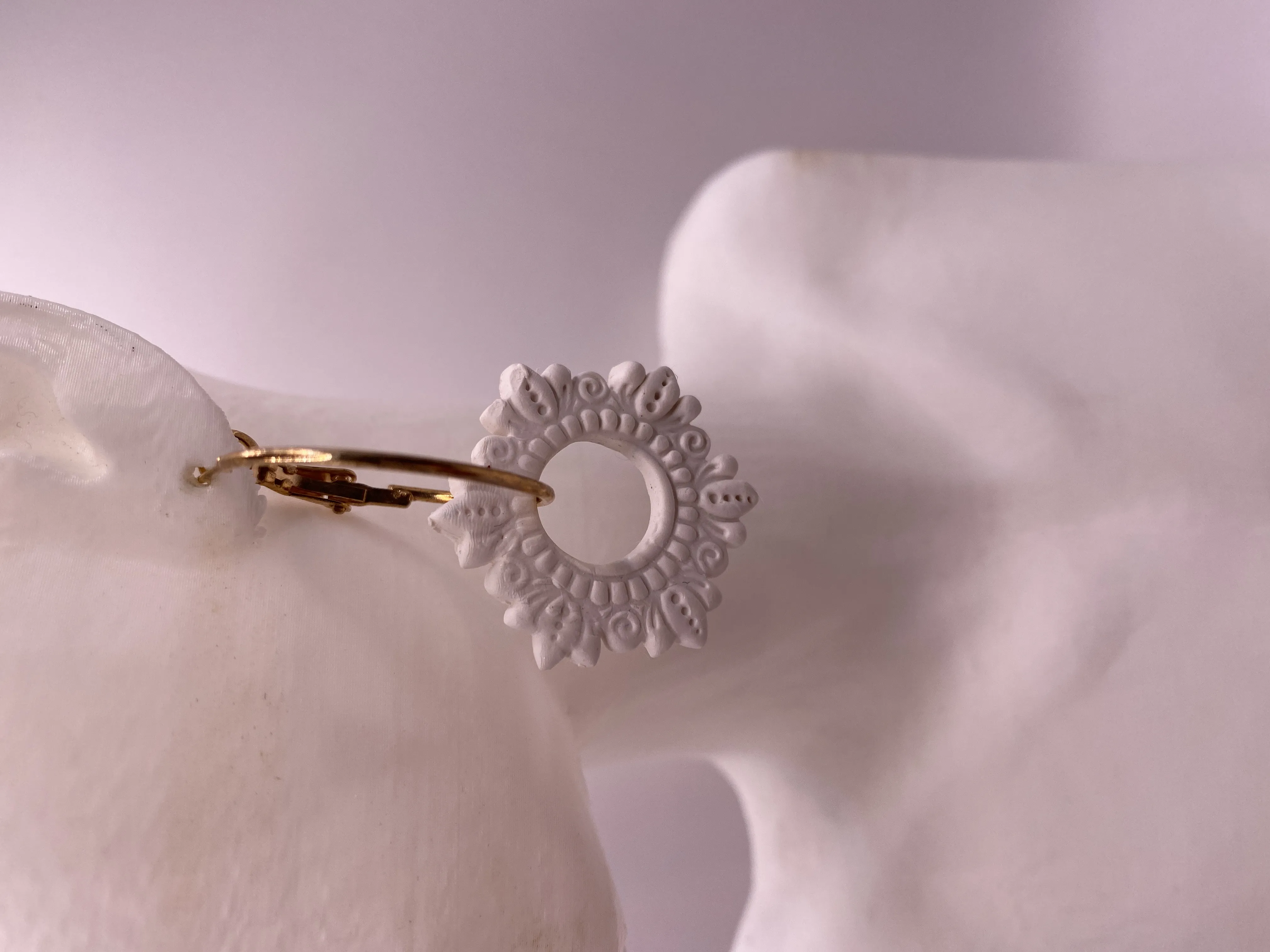 White Ceramic Floral Pattern Gold Color Ringed Earring - Noble Design