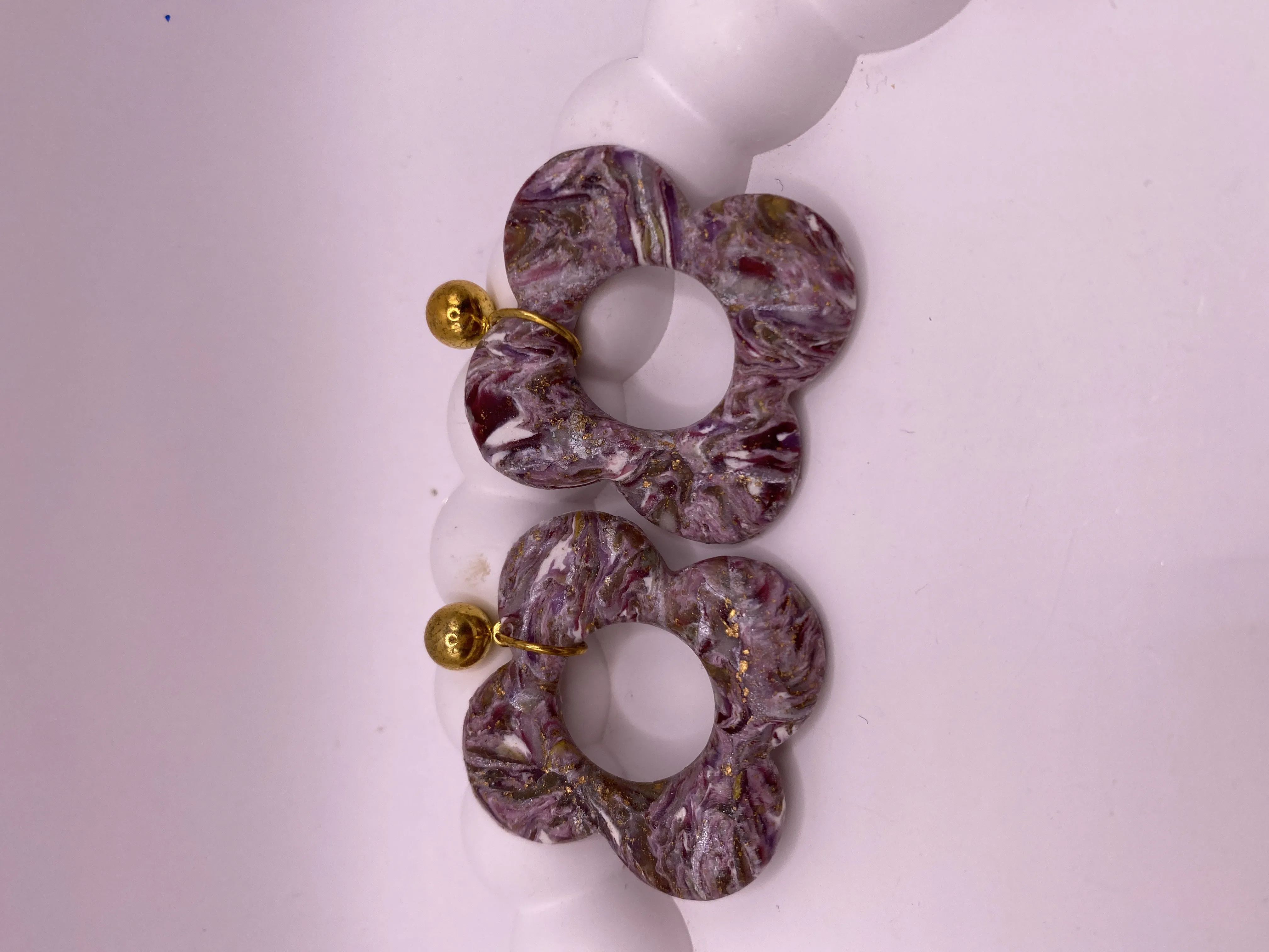 Purple Toned Handmade Flower Earrings Gold Detailed Bohemian Style Jewelry