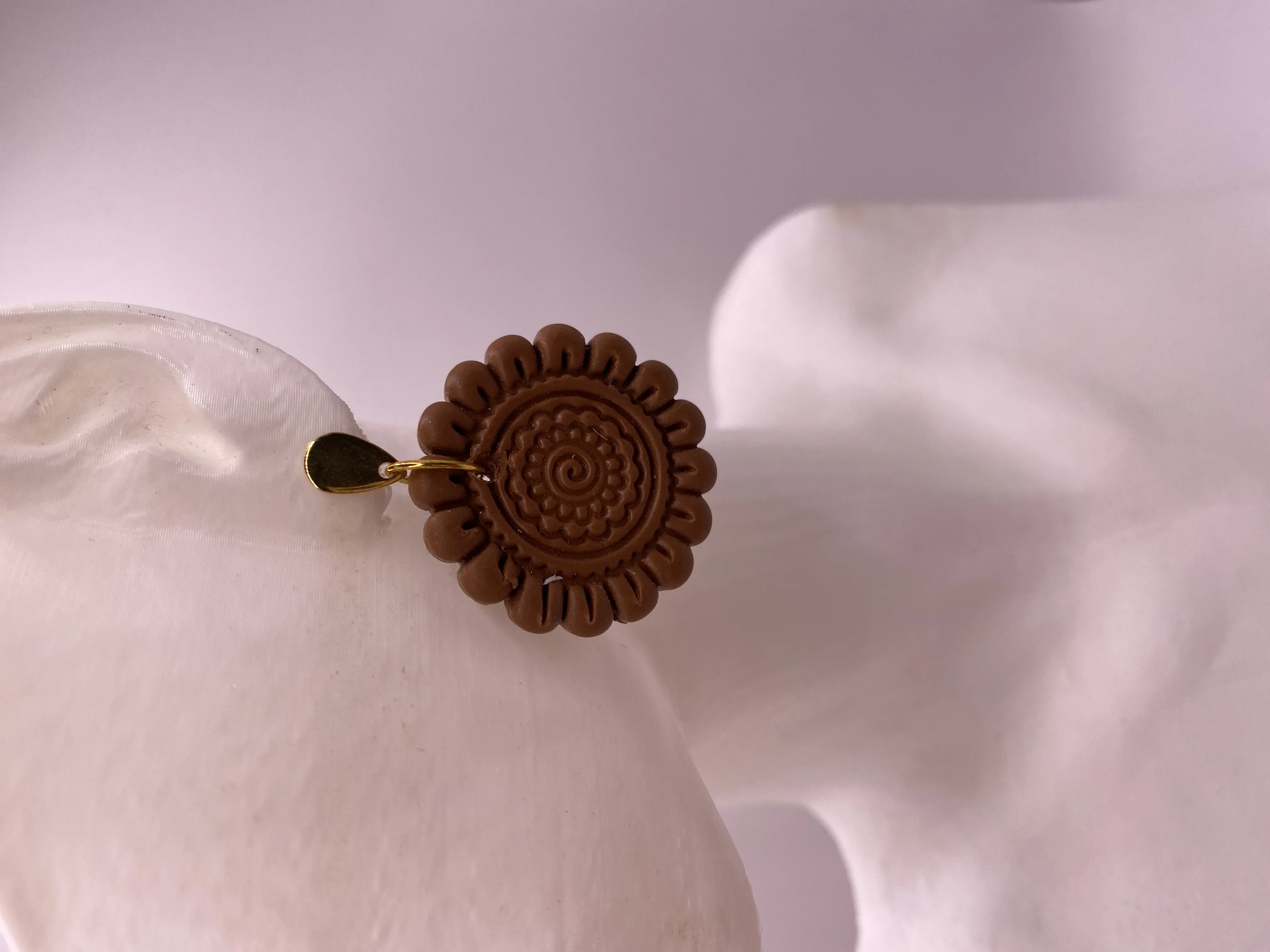 Handmade Brown Flower Patterned Polymer Clay Earring - Gold Colored Detailed