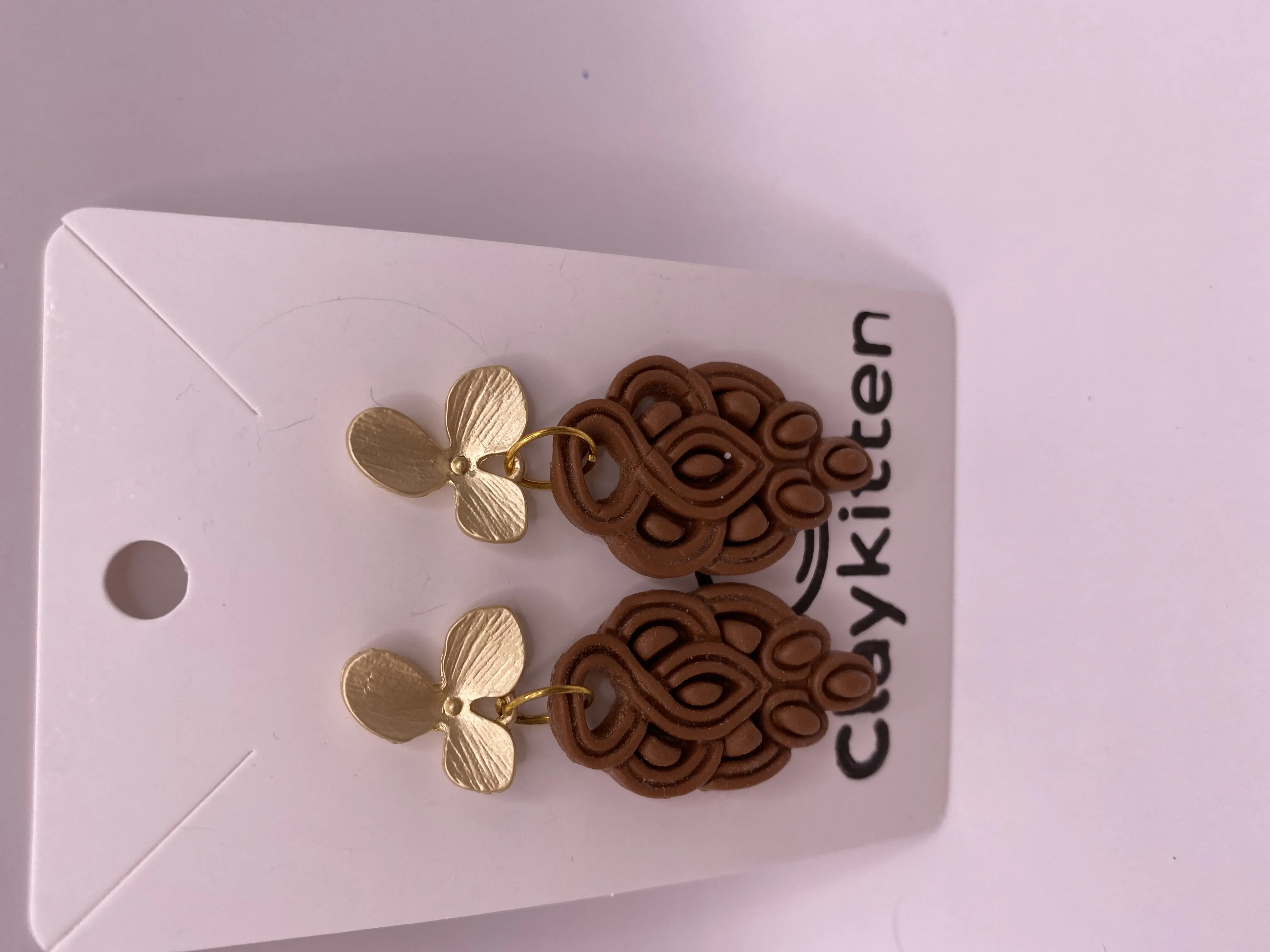 Brown Handmade Design Earring - Legend Model with Gold Colored Flower Detail